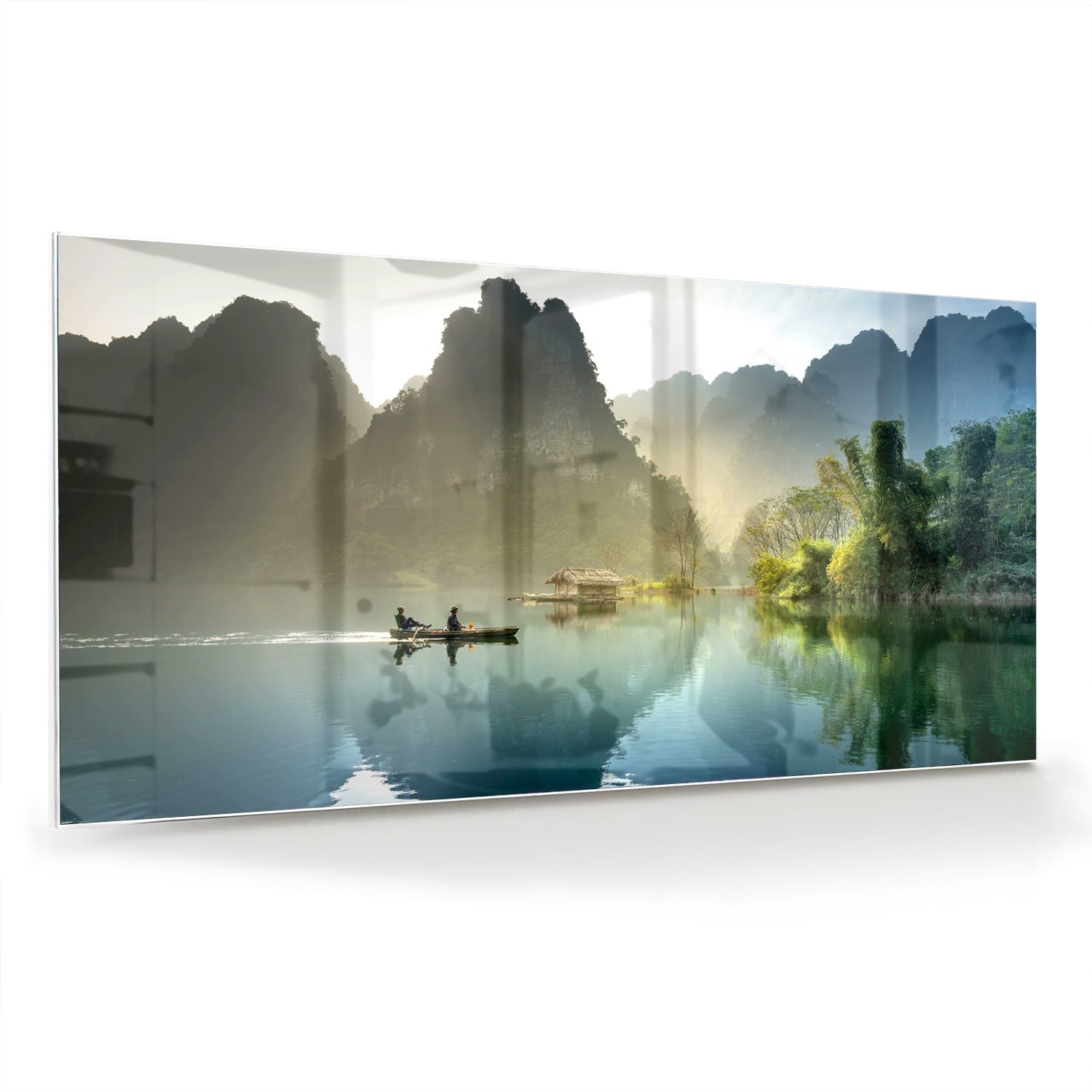 Rustikales Glasbild mit ruhigen Bergreflexionen – Glasbild aus Sicherheitsglas, Größe 70x70_rond