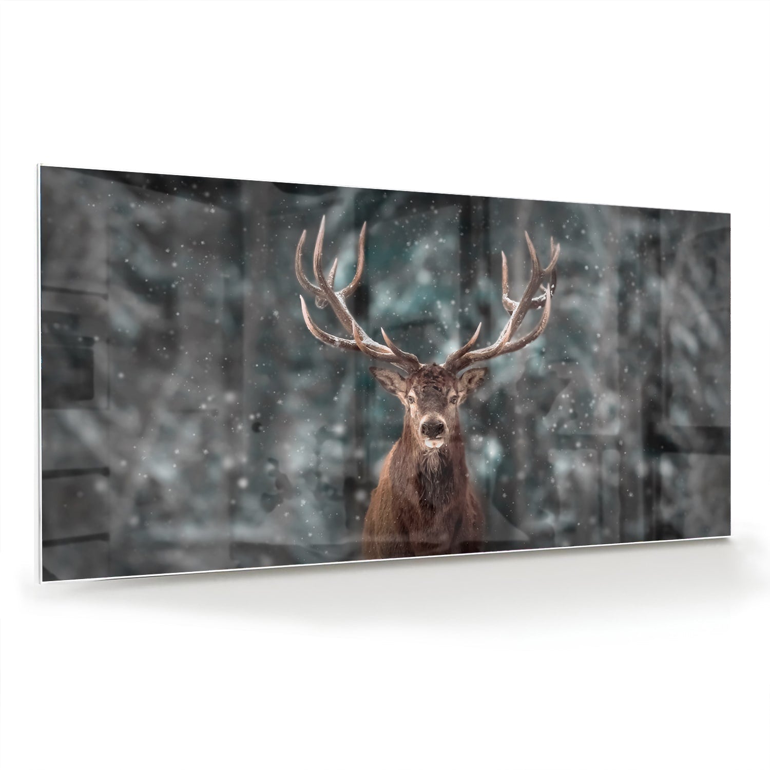 Glasbild mit majestätischem Hirsch in winterlicher Umgebung – Glasbild aus Sicherheitsglas, Größe 70x70_rond