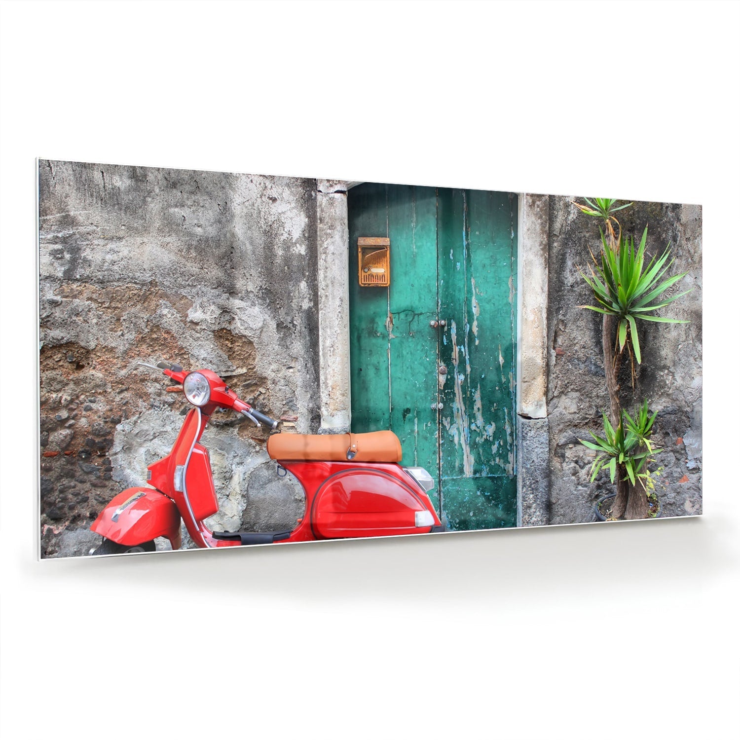 Retro-Glasbild mit rotem Scooter vor einer grünen Tür – Glasbild aus Sicherheitsglas, Größe 70x70_rond