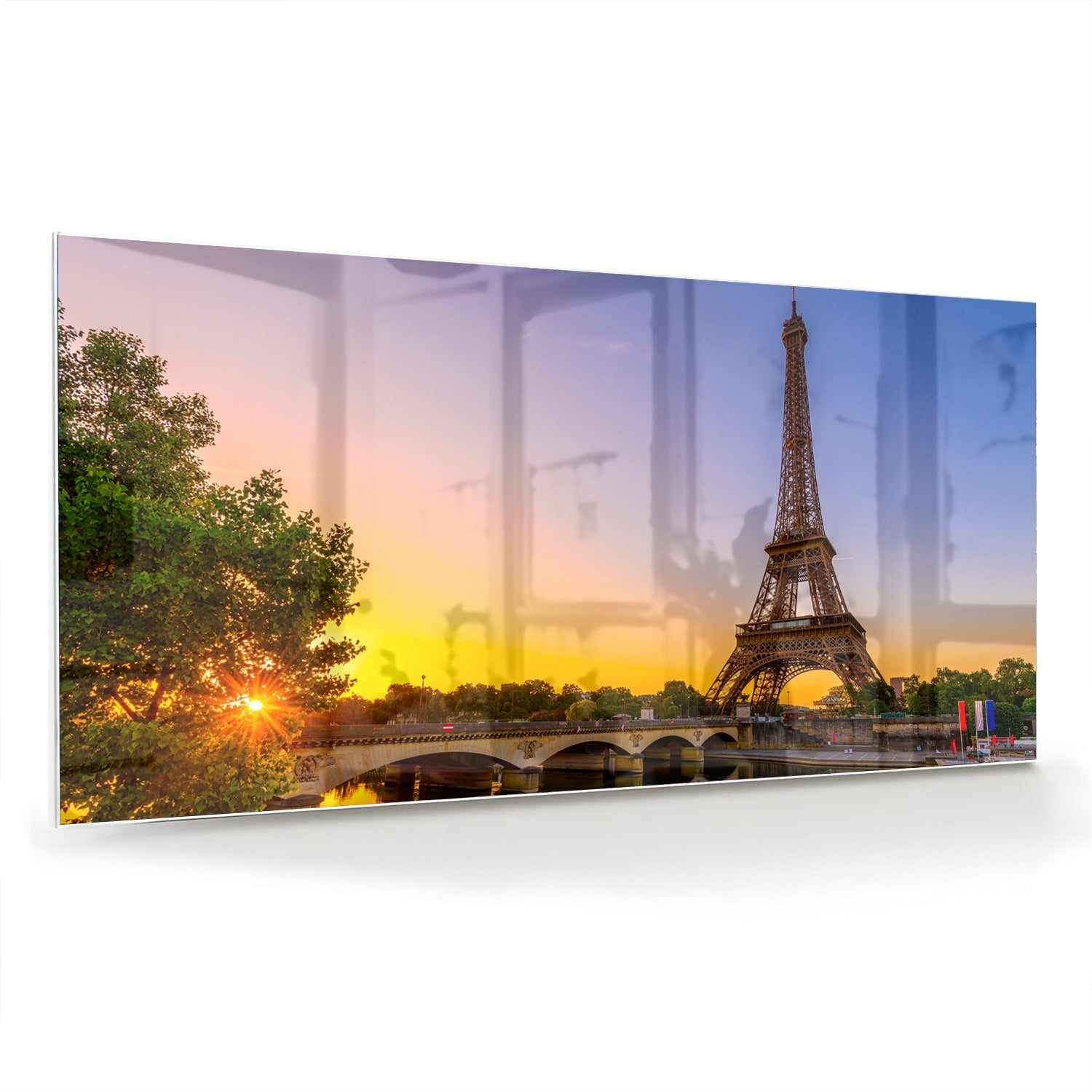 Glasbild mit dem Eiffelturm bei Sonnenuntergang – Glasbild aus Sicherheitsglas, Größe 70x70_rond