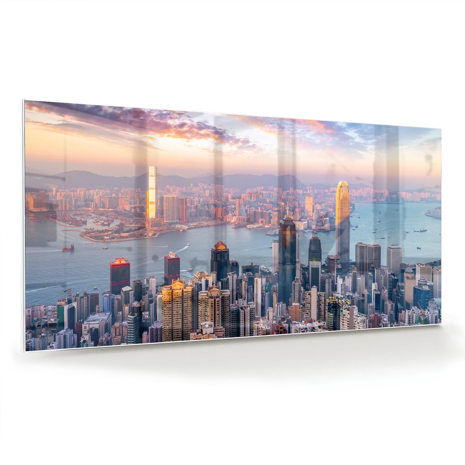 Glasbild mit Stadtansicht bei Sonnenuntergang – Glasbild aus Sicherheitsglas, Größe 70x70_rond
