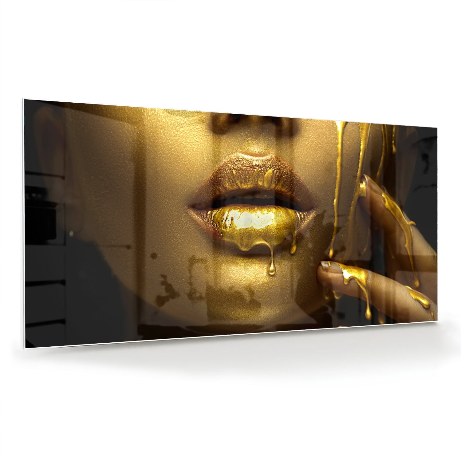 Goldenes Glasbild mit Lippen und Hand – Glasbild aus Sicherheitsglas, Größe 70x70_rond