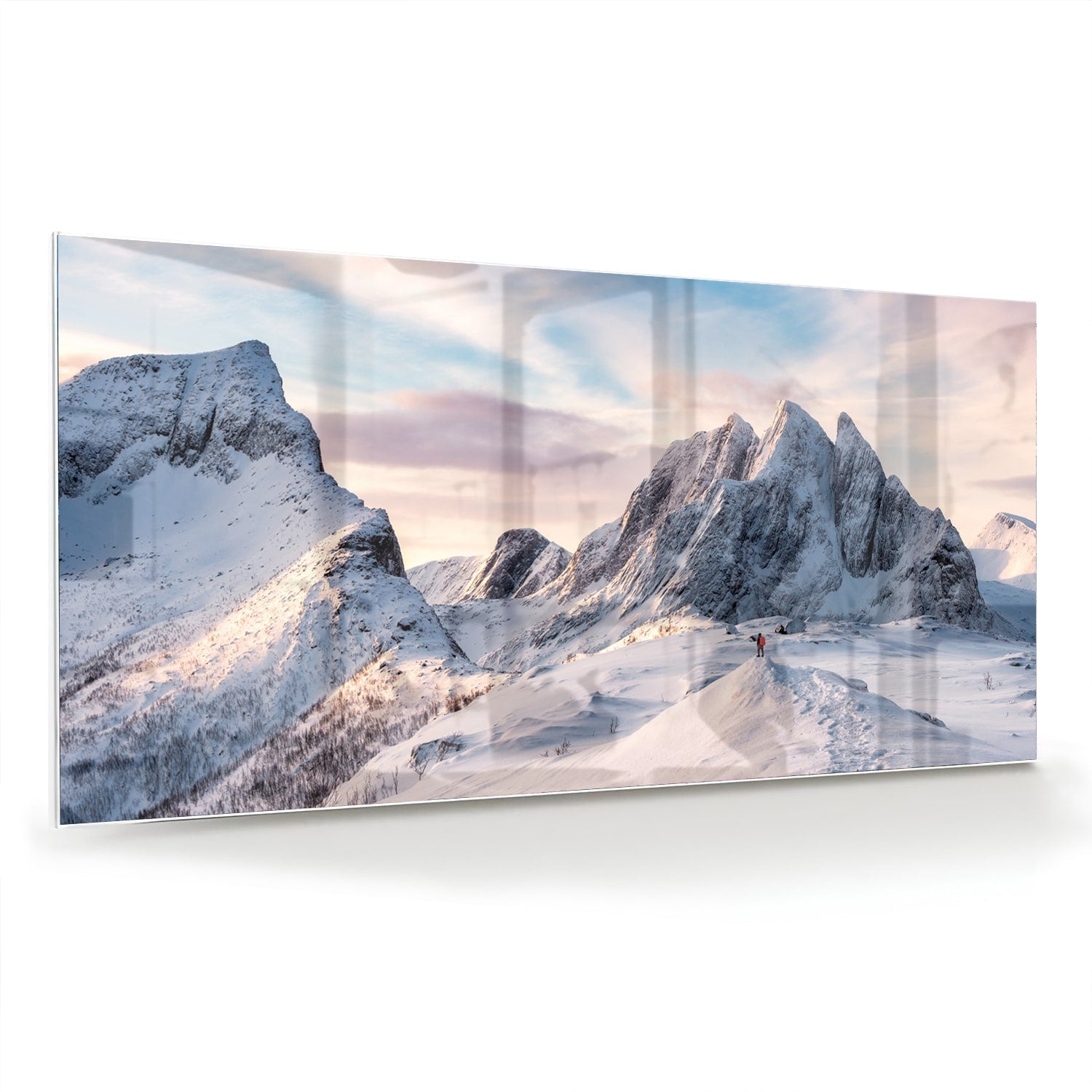 Atemberaubendes Glasbild mit verschneiten Bergen – Glasbild aus Sicherheitsglas, Größe 70x70_rond