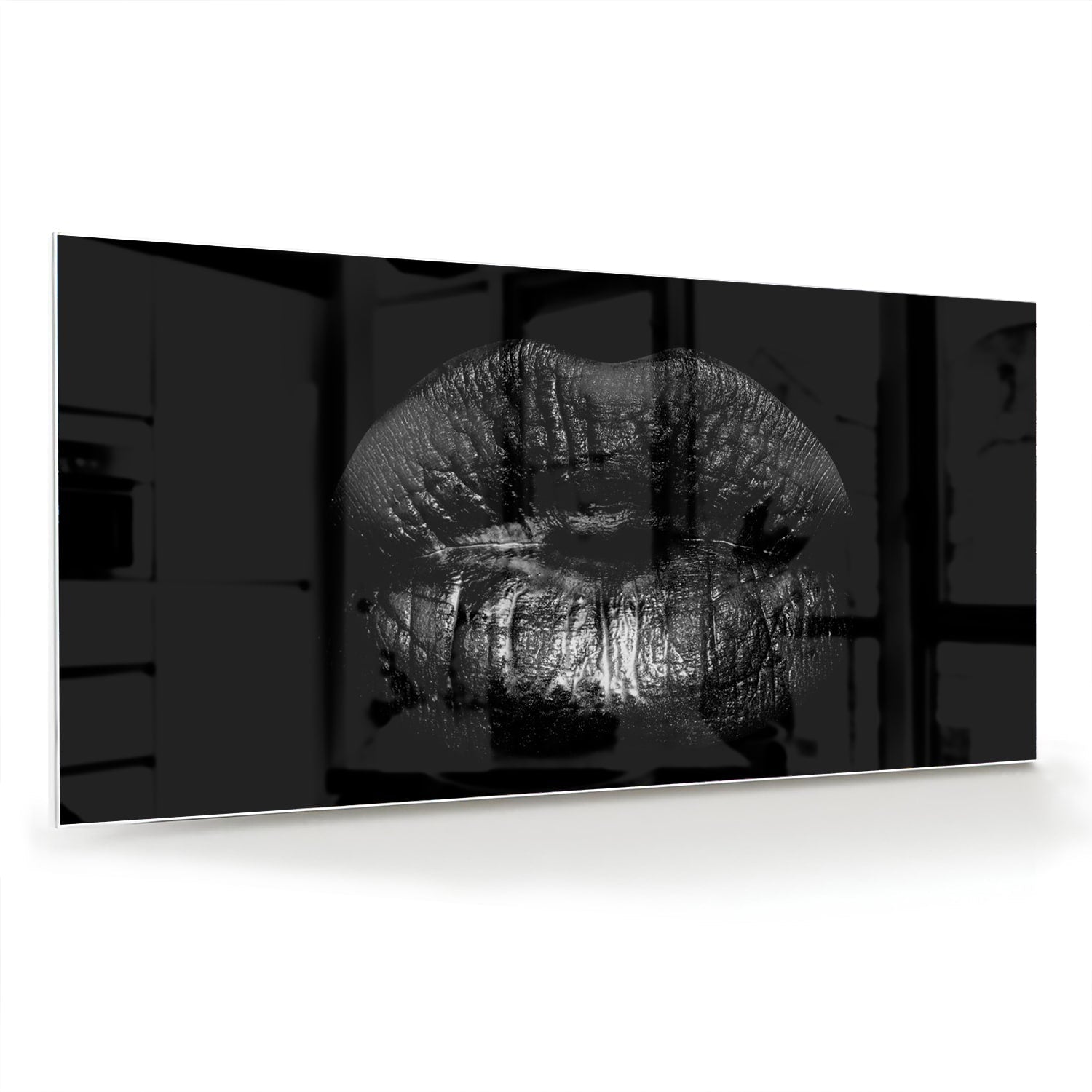 Schwarzes Glasbild mit Lippenprint – Glasbild aus Sicherheitsglas, Größe 70x70_rond