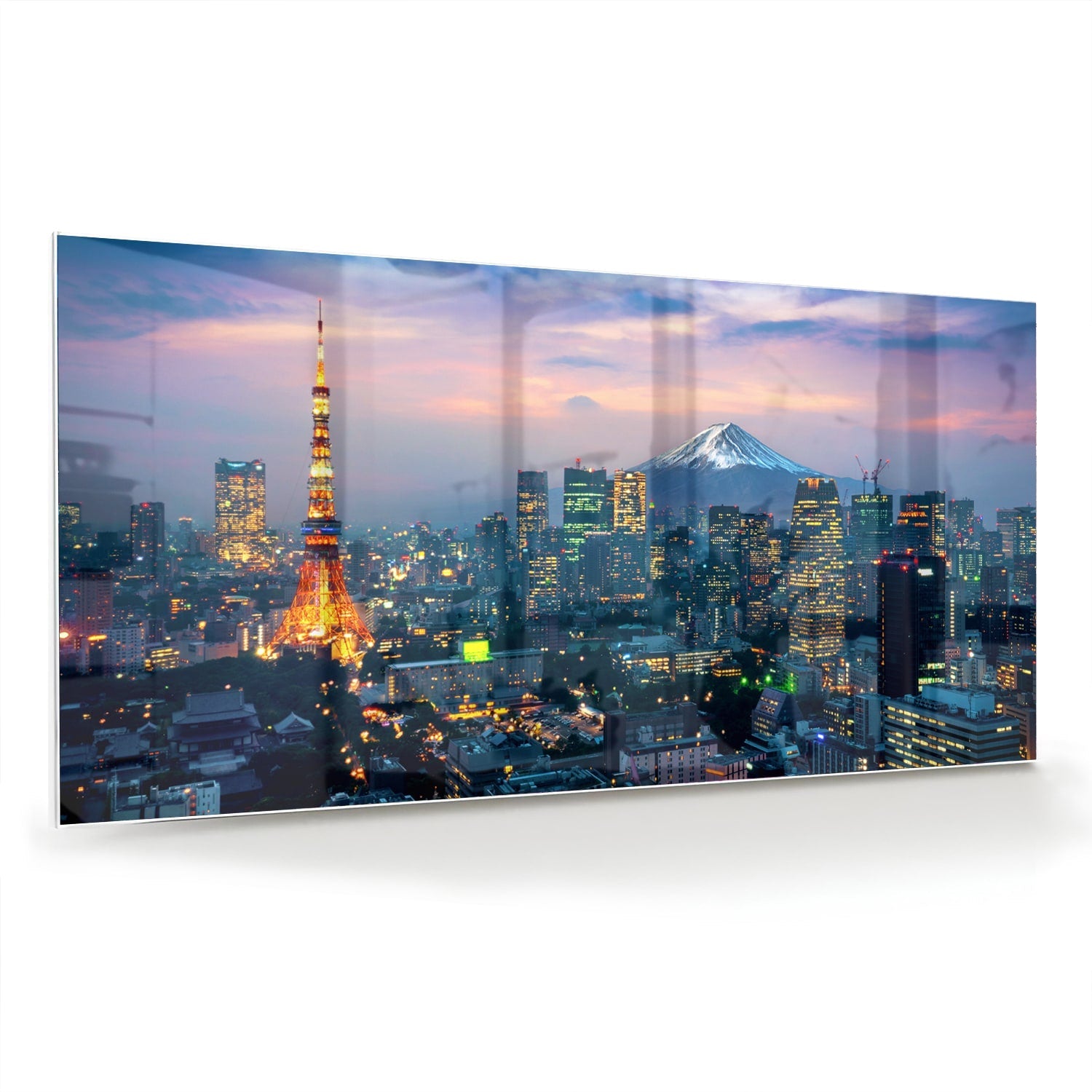 Glasbild mit Stadtpanorama, Fuji und Tokyo Tower – Glasbild aus Sicherheitsglas, Größe 70x70_rond