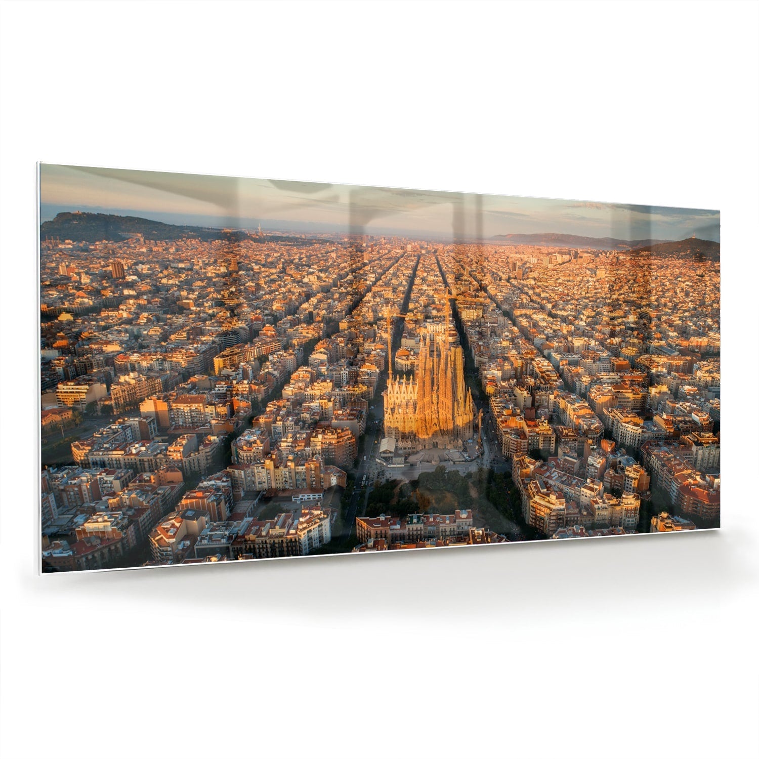 Glasbild mit atemberaubendem Stadtblick bei Sonnenuntergang – Glasbild aus Sicherheitsglas, Größe 70x70_rond