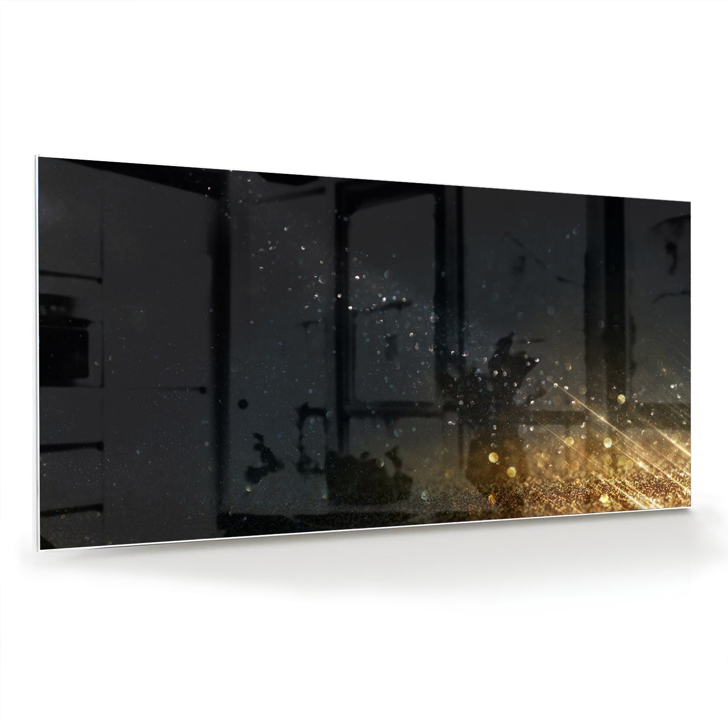 Schwarzes Glasbild mit Sternen und Lichtreflexionen – Glasbild aus Sicherheitsglas, Größe 70x70_rond