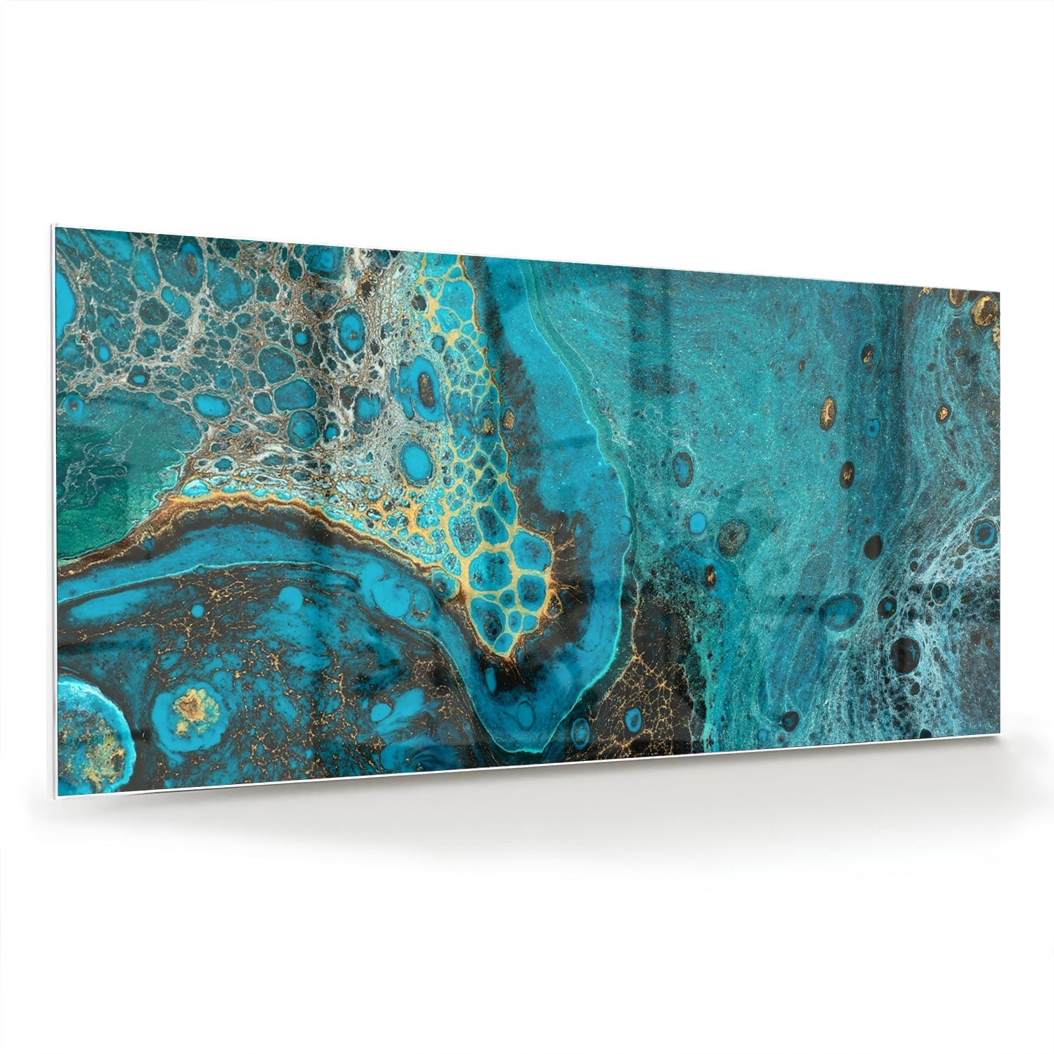 Abstraktes Glasbild in Türkis und Gold – Glasbild aus Sicherheitsglas, Größe 70x70_rond