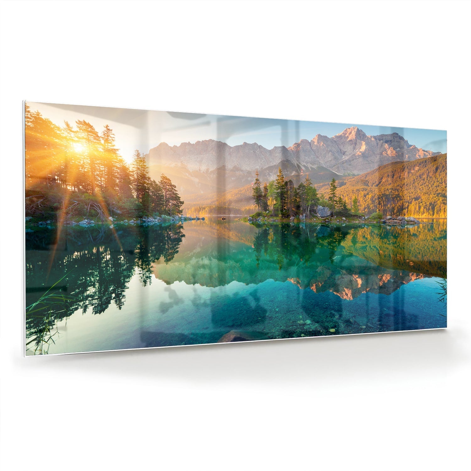Wunderschönes Glasbild mit Berglandschaft und See – Glasbild aus Sicherheitsglas, Größe 70x70_rond