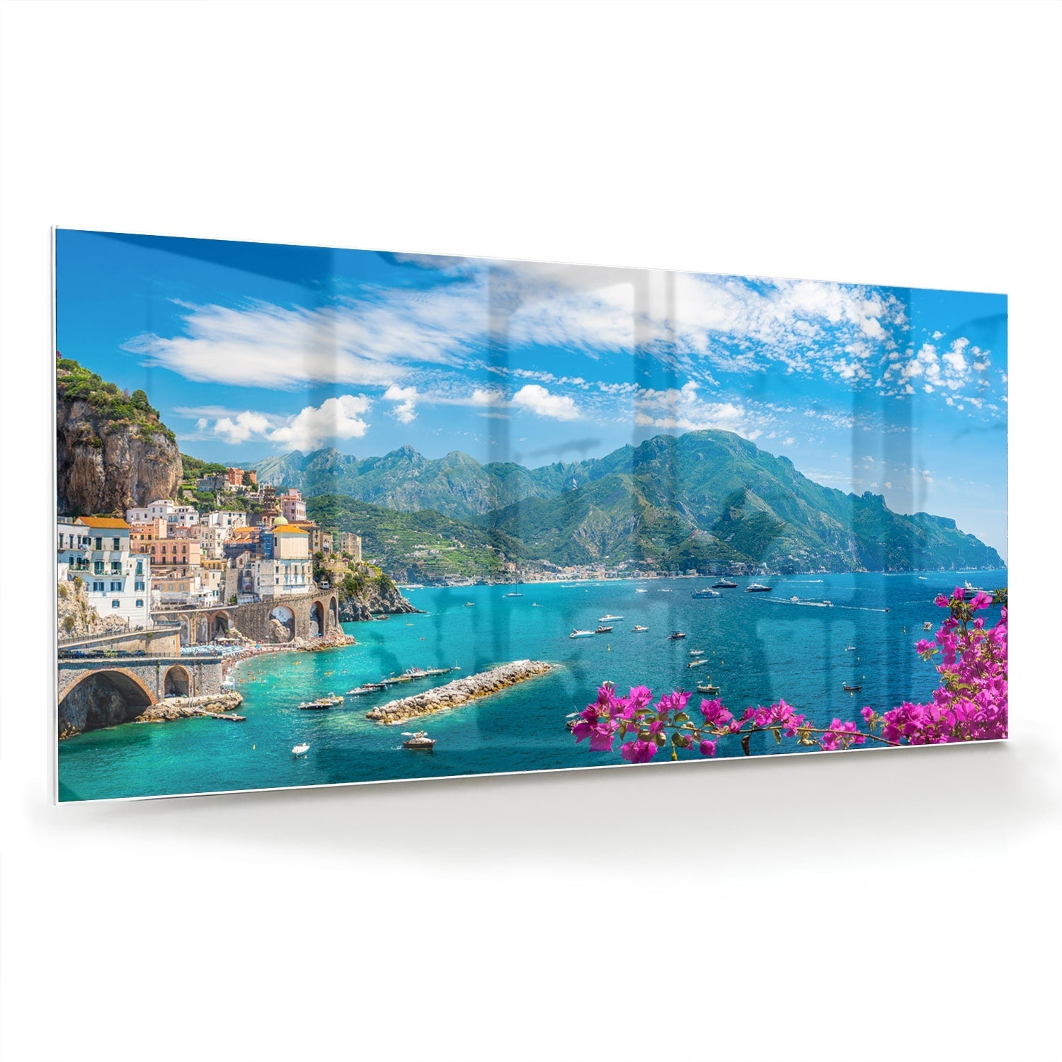 Glasbild mit blauem See und Bergen – Glasbild aus Sicherheitsglas, Größe 70x70_rond