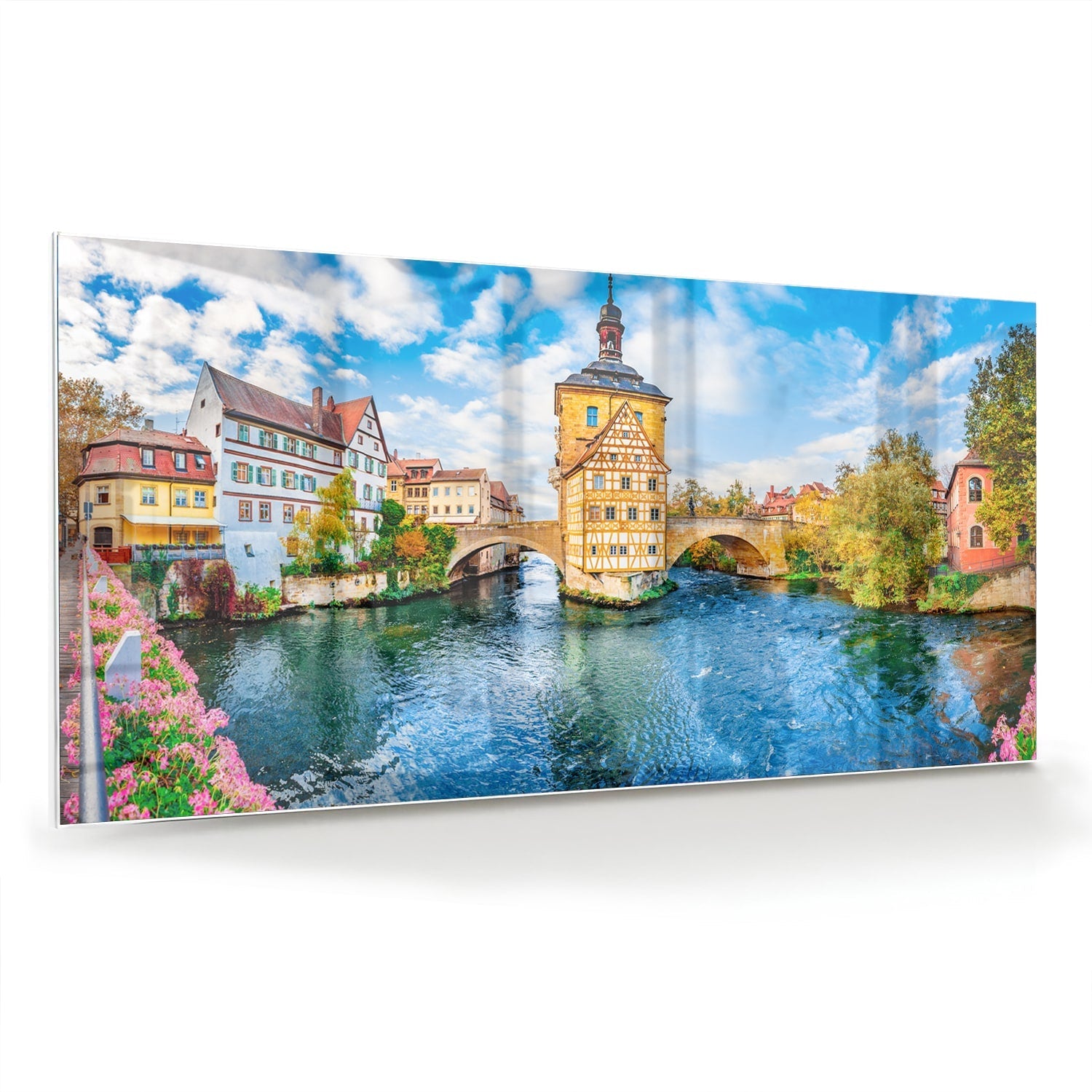 Glasbild mit malerischem Städtchen am Wasser – Glasbild aus Sicherheitsglas, Größe 70x70_rond
