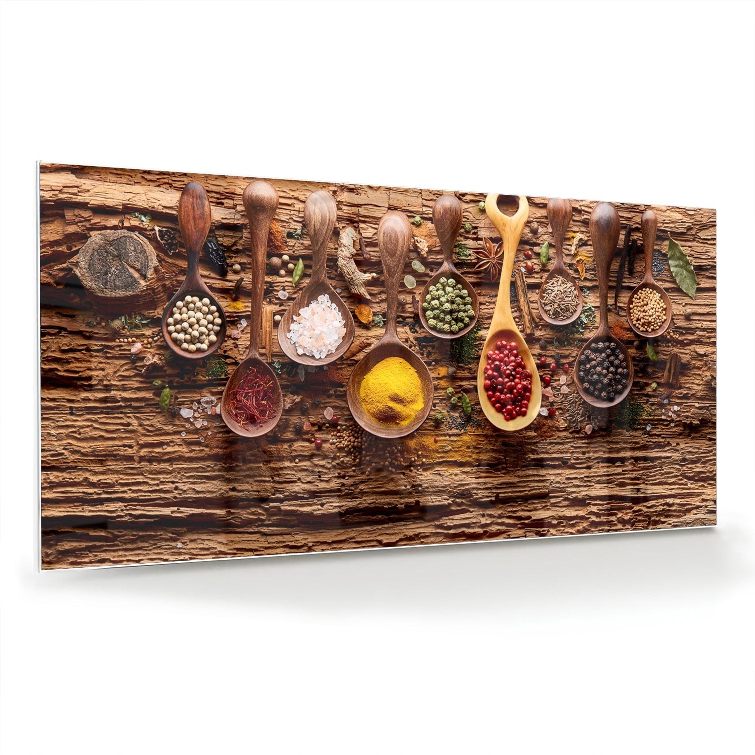 Buntes Glasbild mit Gewürzen und Löffelmotiven – Glasbild aus Sicherheitsglas, Größe 70x70_rond