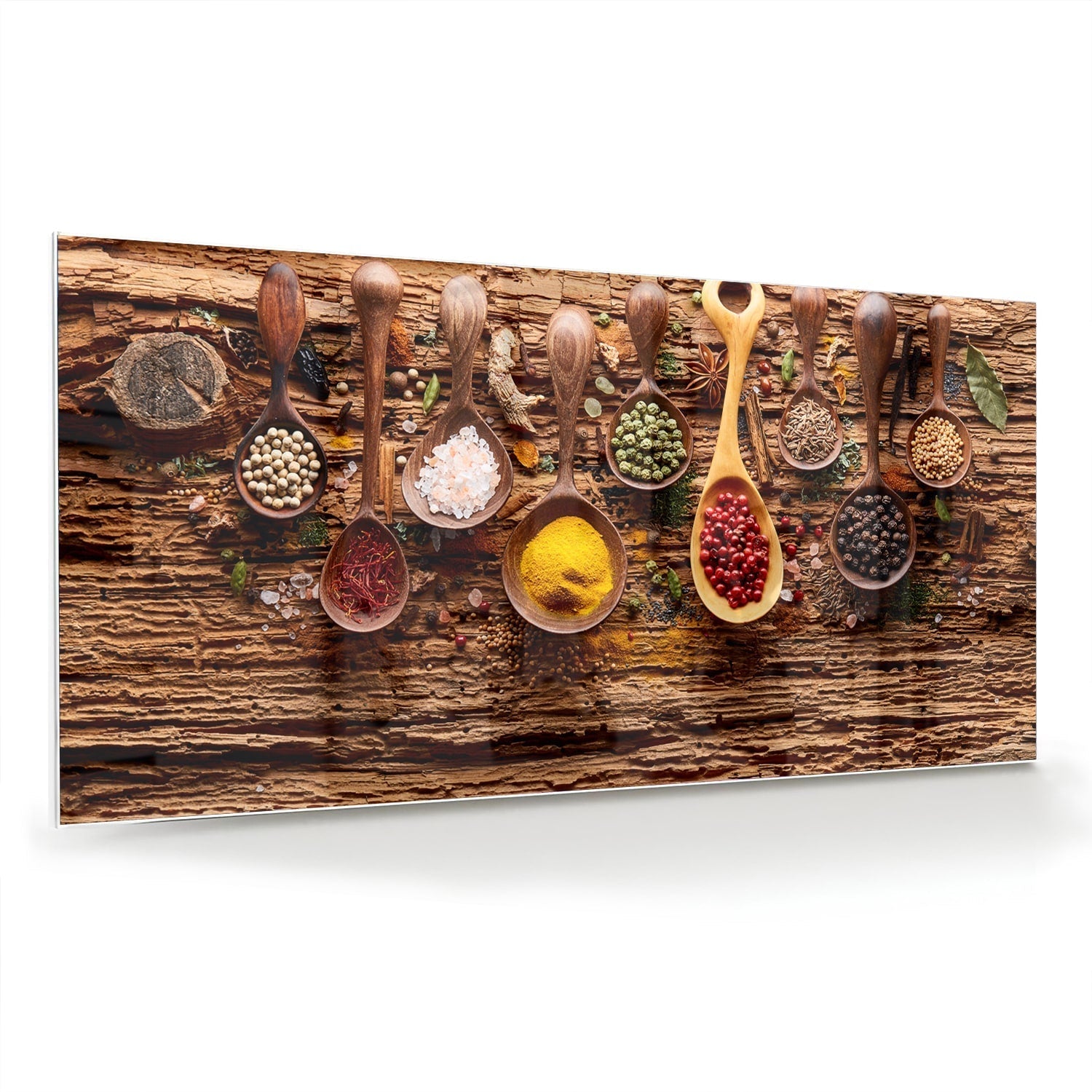 Bunte Glasbild mit Gewürze lepelmotieven als moderne Glas-Wanddekoration aus 4 mm Sicherheitsglas