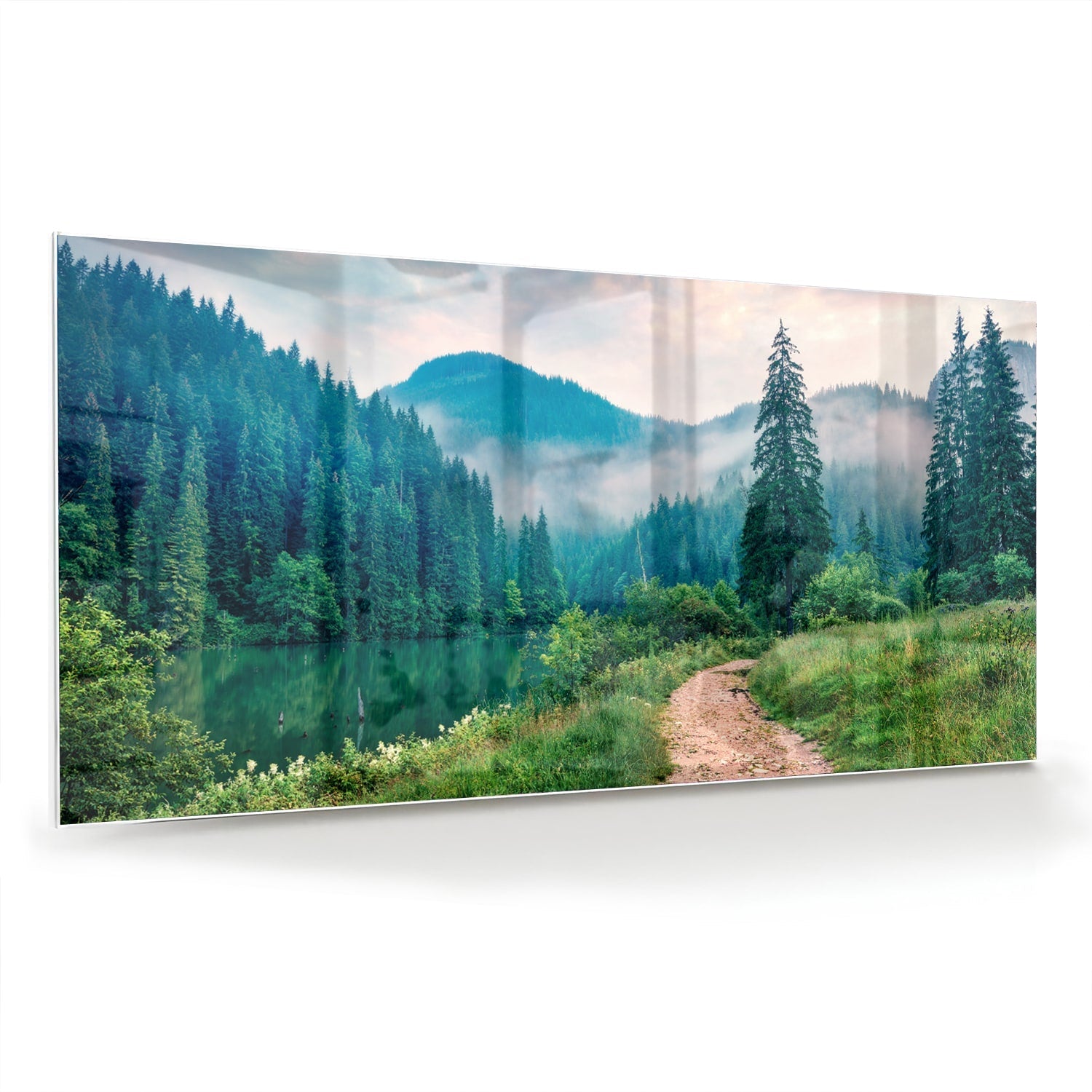 Stimmungsvolles Glasbild mit einer Berglandschaft – Glasbild aus Sicherheitsglas, Größe 70x70_rond