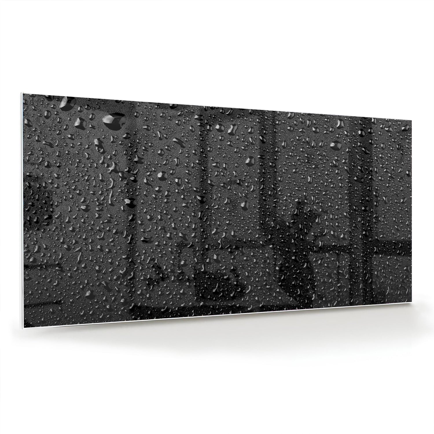 Glasbild mit Tropfen auf schwarzer Oberfläche – Glasbild aus Sicherheitsglas, Größe 70x70_rond