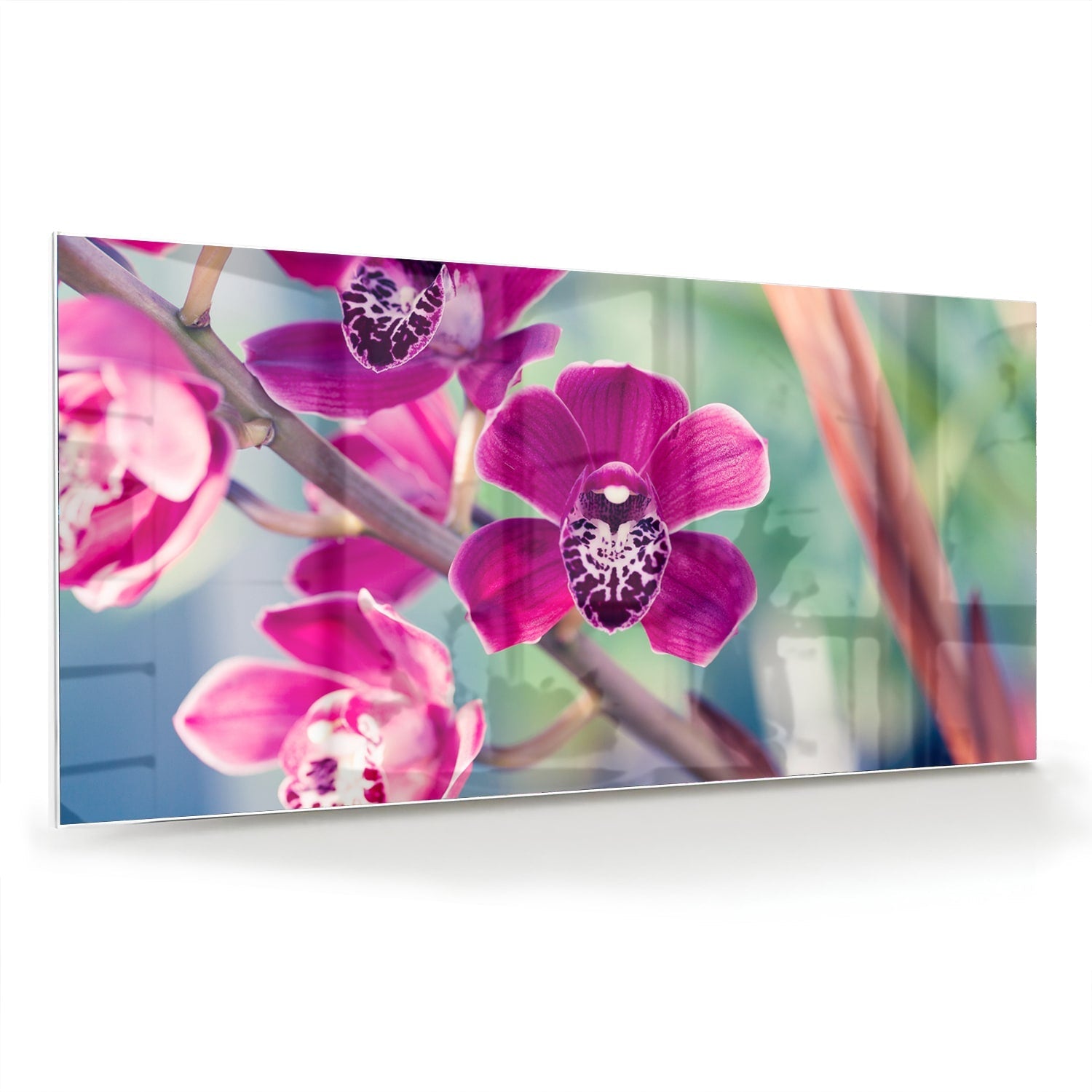 Wunderschönes Glasbild mit violetten Orchideen – Glasbild aus Sicherheitsglas, Größe 70x70_rond