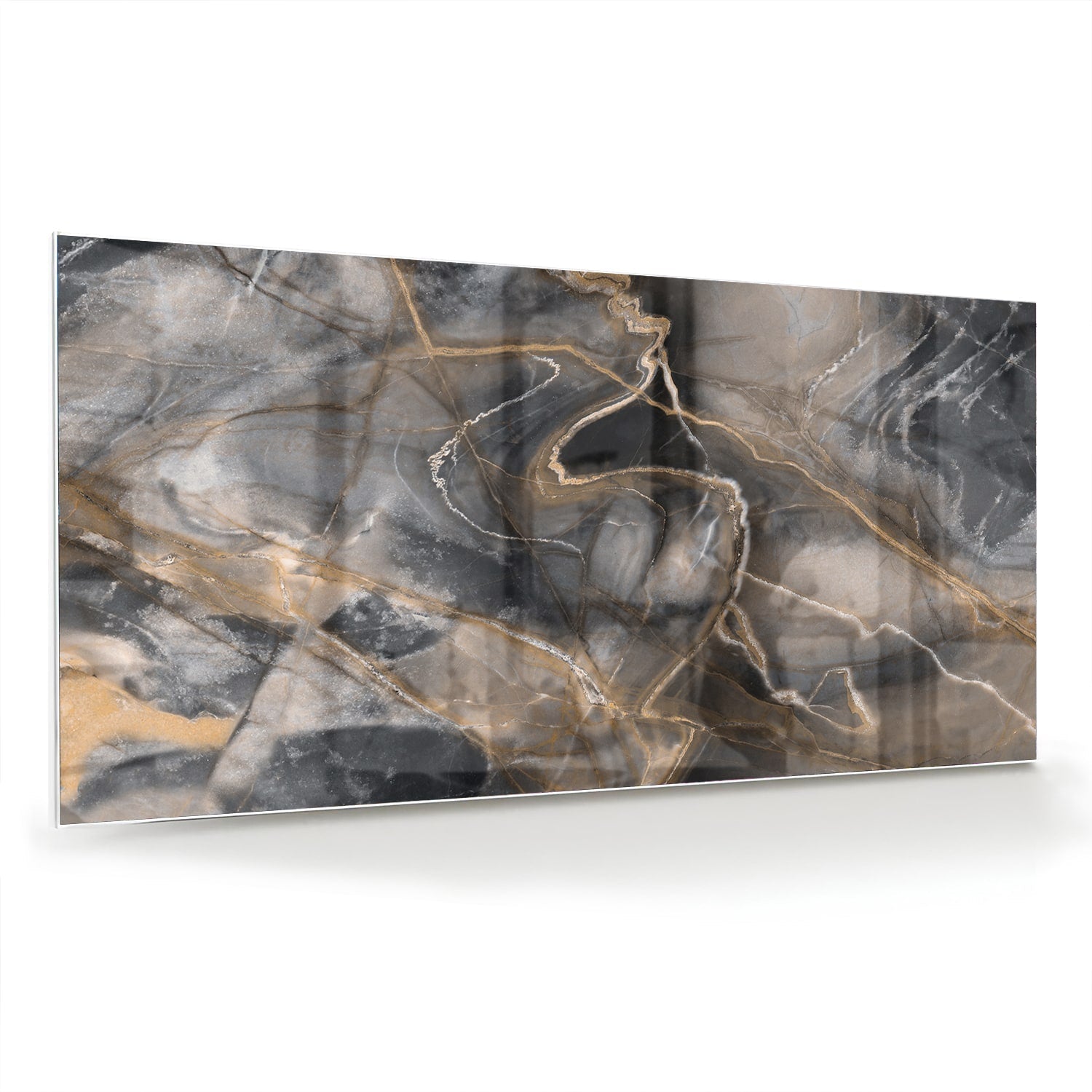 Modernes Glasbild mit abstrakten Linien in Schwarz und Gold – Glasbild aus Sicherheitsglas, Größe 70x70_rond