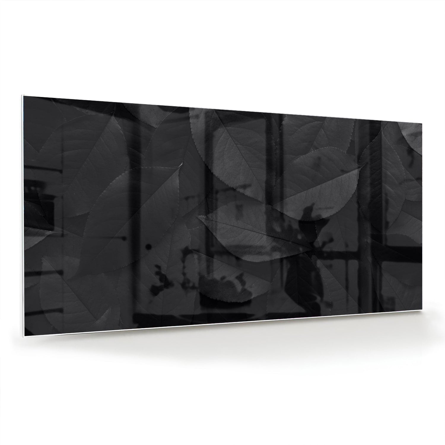 Elegantes Glasbild mit Blättern in Schwarz und Grau – Glasbild aus Sicherheitsglas, Größe 70x70_rond