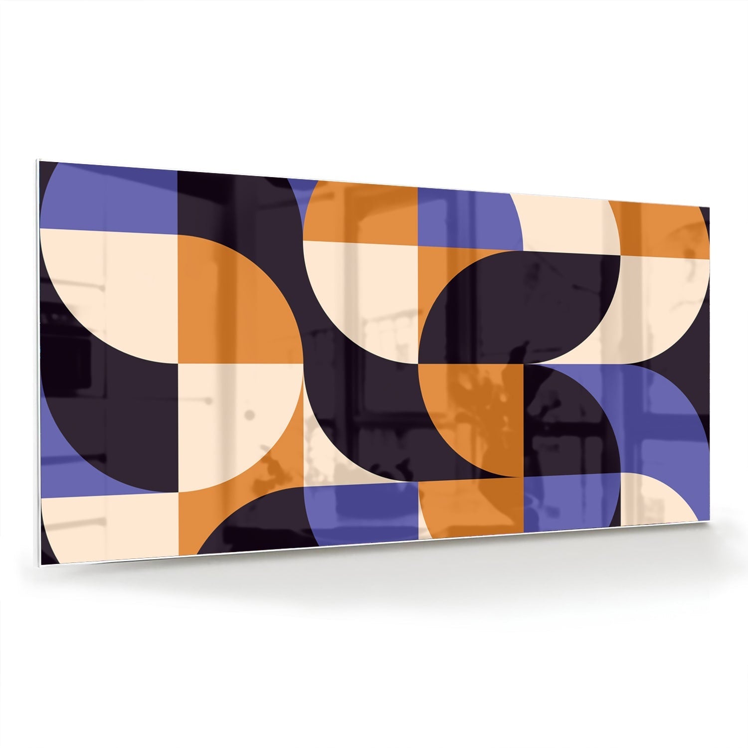 Abstraktes Glasbild in blauen und Orangetönen – Glasbild aus Sicherheitsglas, Größe 70x70_rond