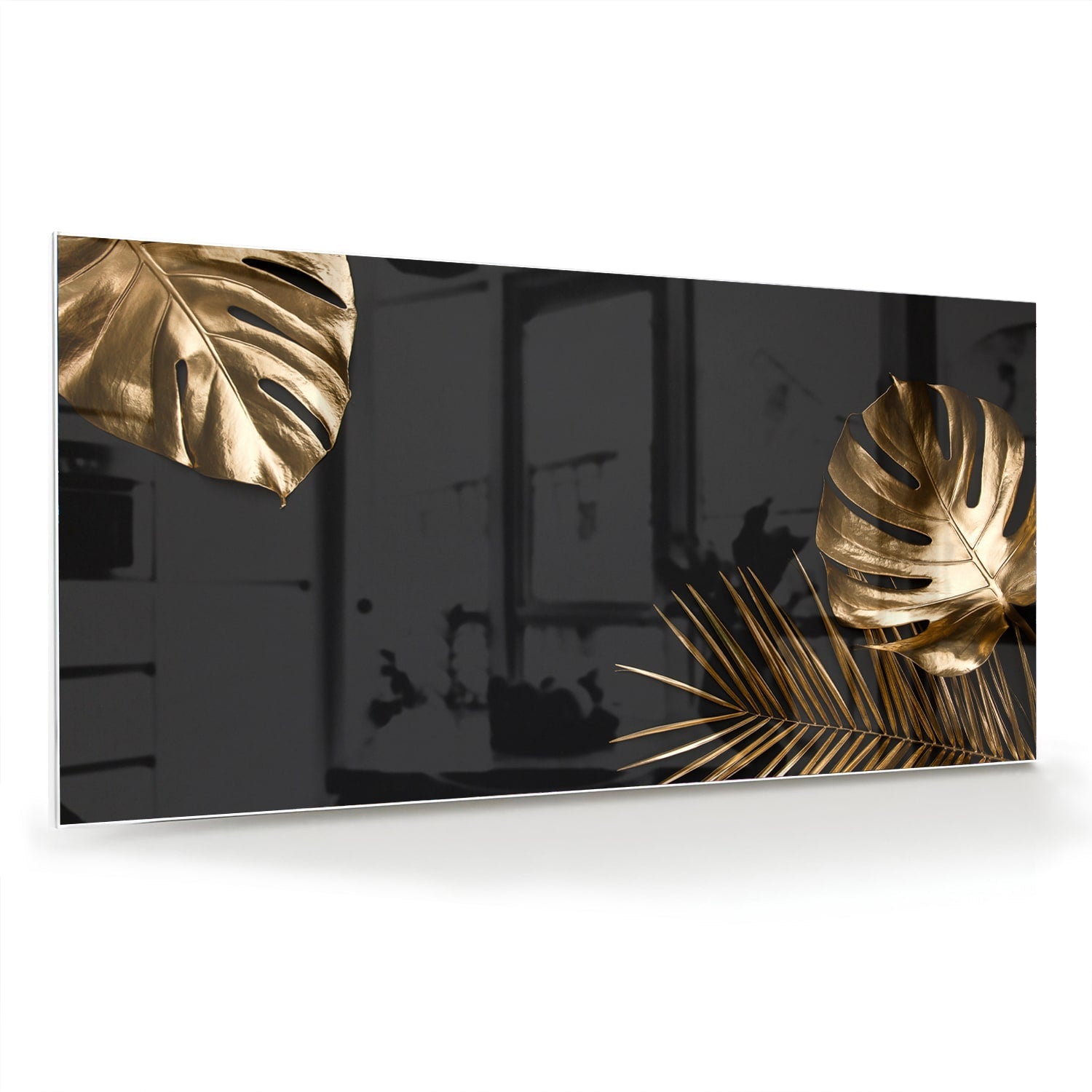 Glänzendes Glasbild mit goldenen Blättern – Glasbild aus Sicherheitsglas, Größe 70x70_rond