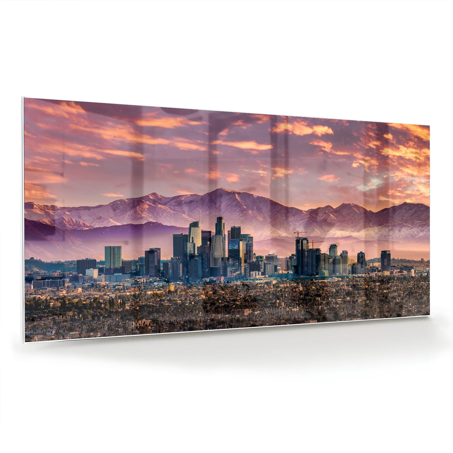 Glasbild Stadtpanorama bei Sonnenuntergang – Glasbild aus Sicherheitsglas, Größe 70x70_rond