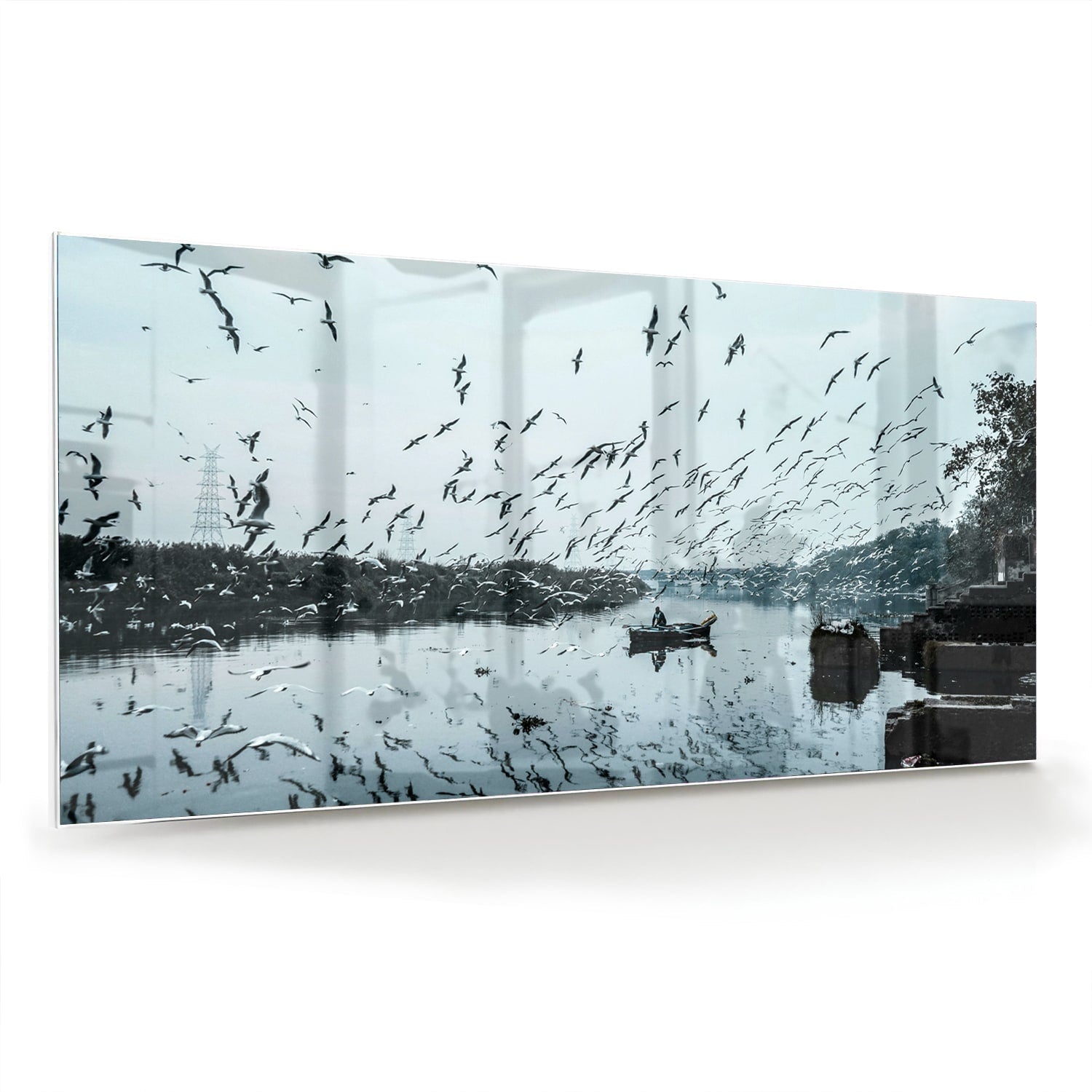 Glasbild mit Vögeln über einer ruhigen Wasserreflexion – Glasbild aus Sicherheitsglas, Größe 70x70_rond