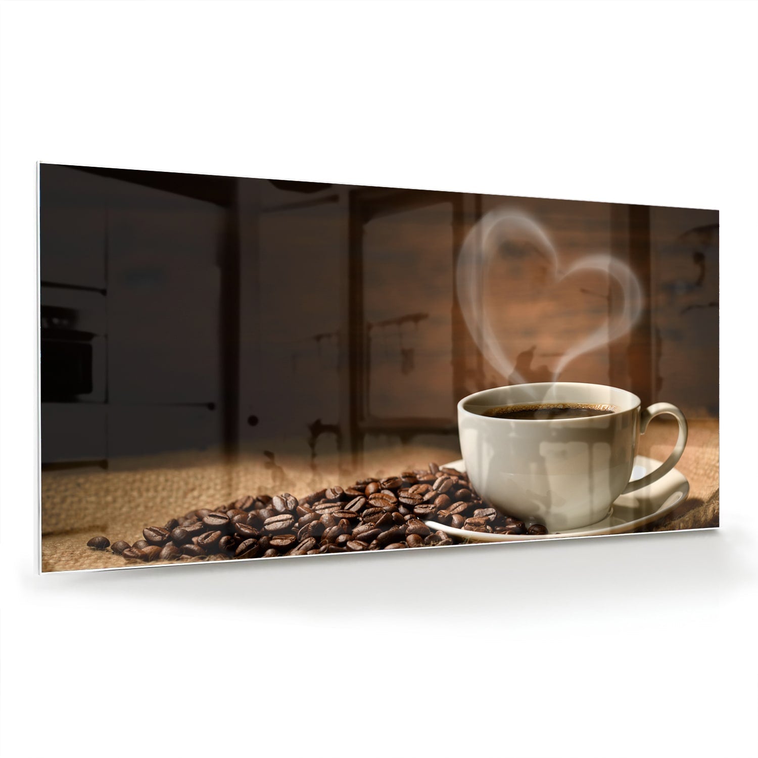 Glasbild mit Kaffee und Kaffeebohnen – Glasbild aus Sicherheitsglas, Größe 70x70_rond