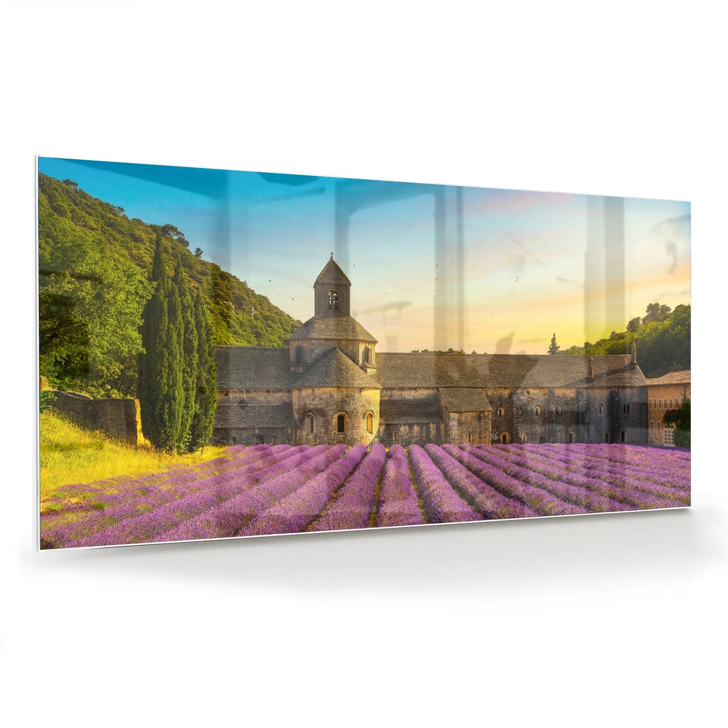 Wunderschönes Glasbild mit Lavendelfeldern – Glasbild aus Sicherheitsglas, Größe 70x70_rond