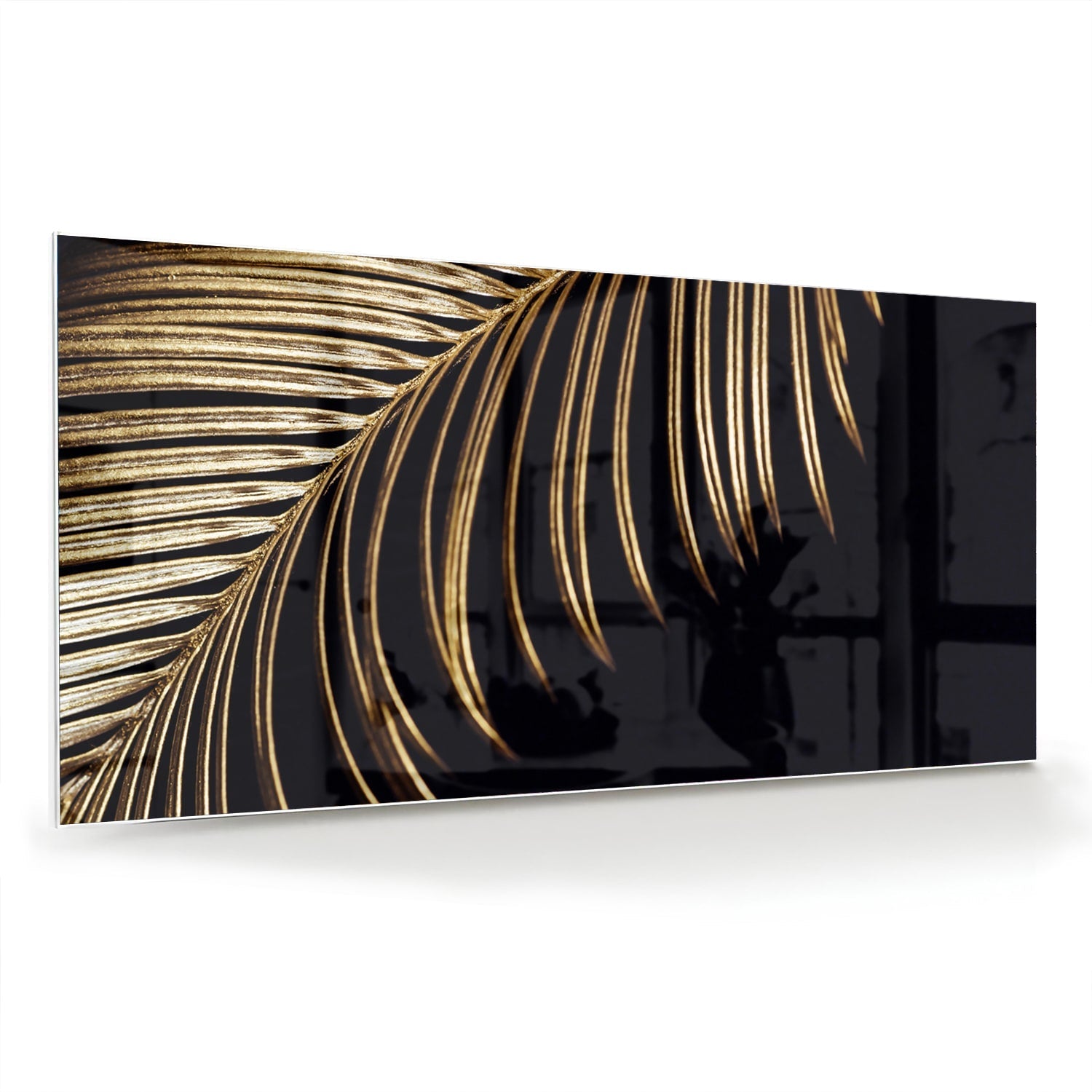 Goldfarbenes Glasbild mit Palmblatt auf schwarzem Hintergrund – Glasbild aus Sicherheitsglas, Größe 70x70_rond
