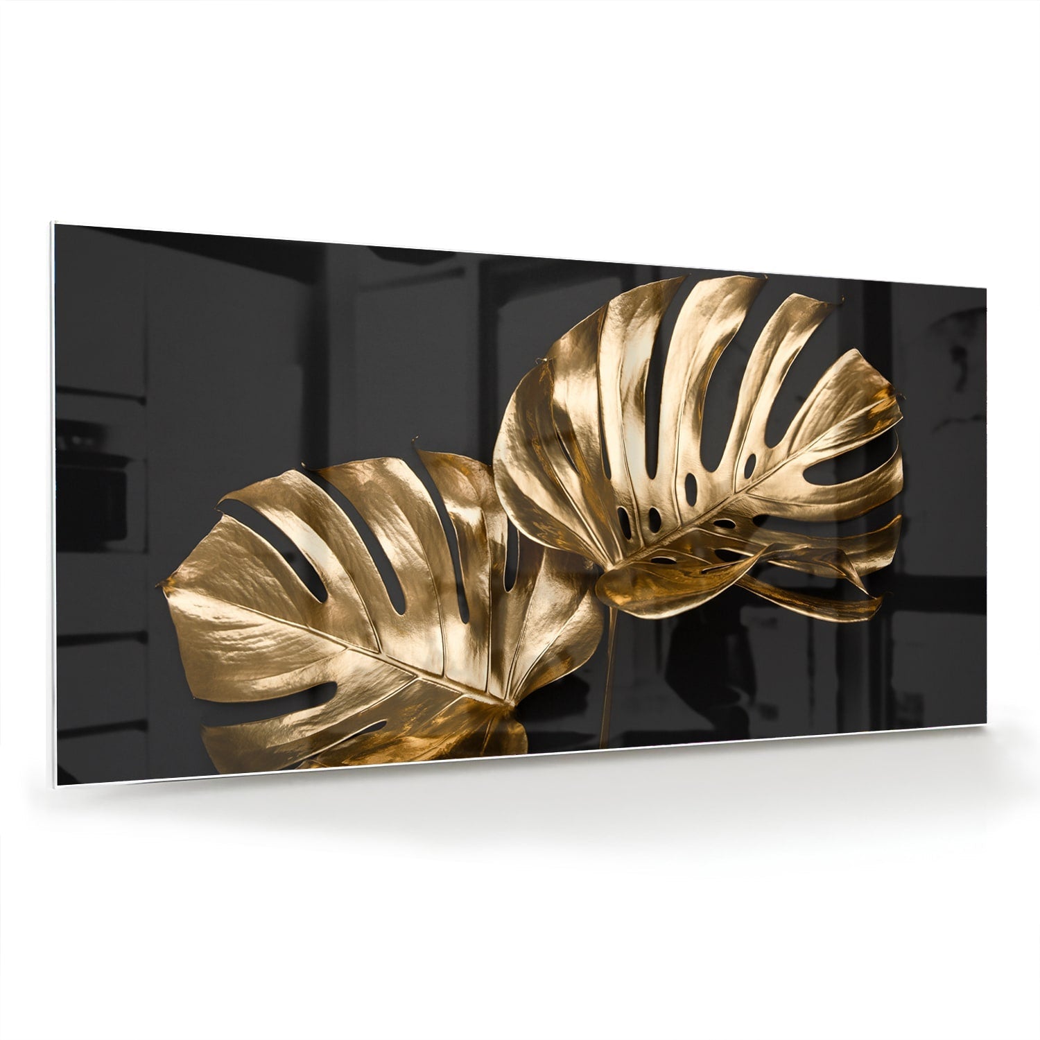 Goldenes Monstera-Glasbild für Wanddekoration – Glasbild aus Sicherheitsglas, Größe 70x70_rond