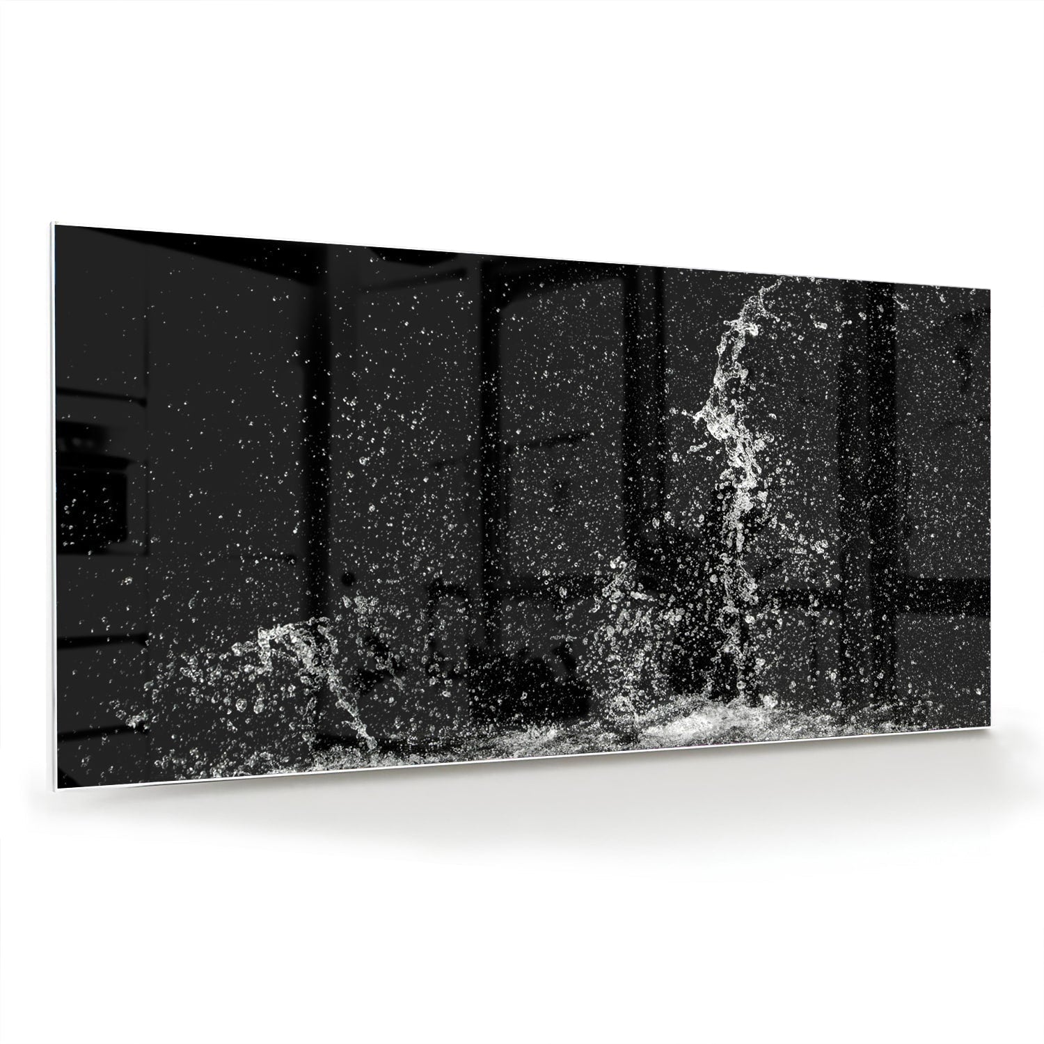 Schwarz-Weiß Glasbild mit spatwatereffect als moderne Glas-Wanddekoration aus 4 mm Sicherheitsglas