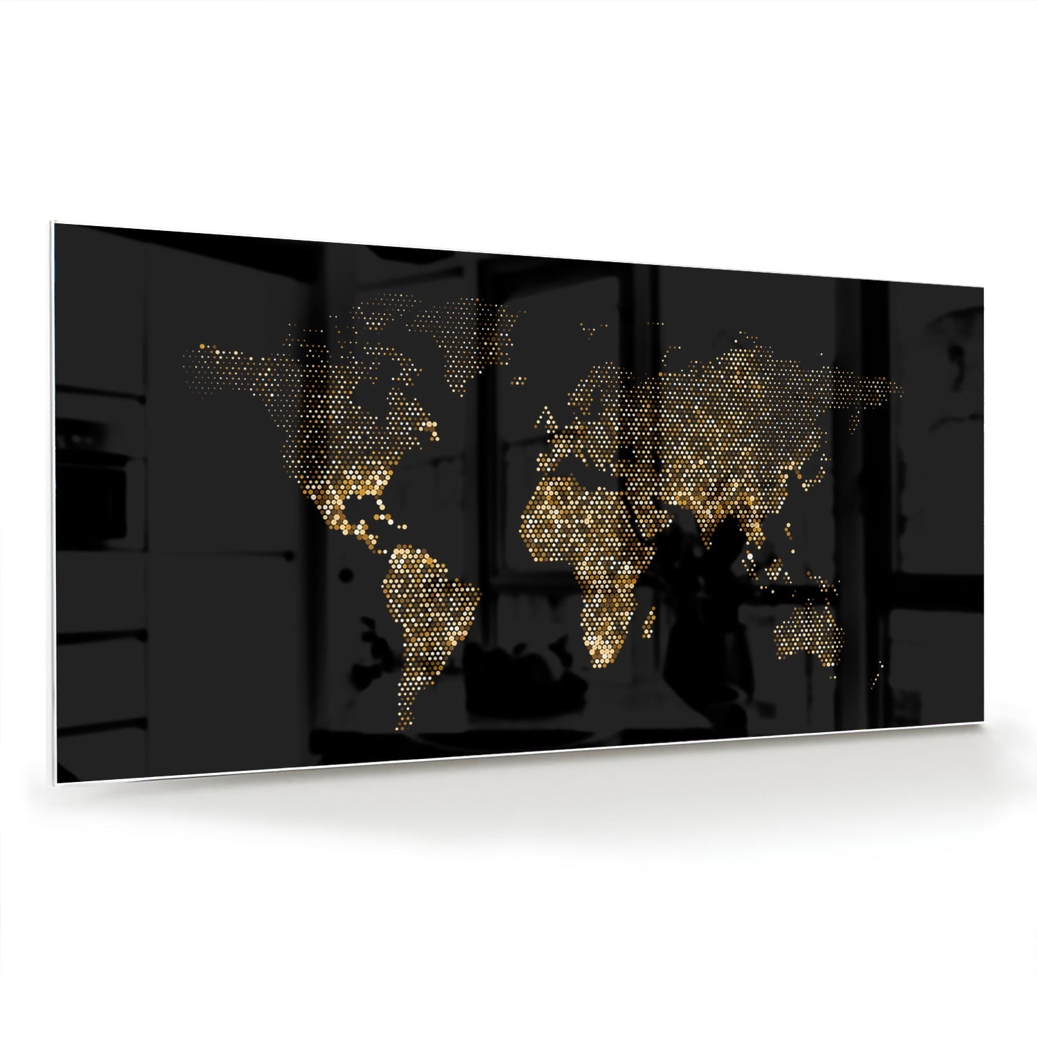 Elegantes Glasbild mit Weltkarte in Schwarz und Gold – Glasbild aus Sicherheitsglas, Größe 70x70_rond
