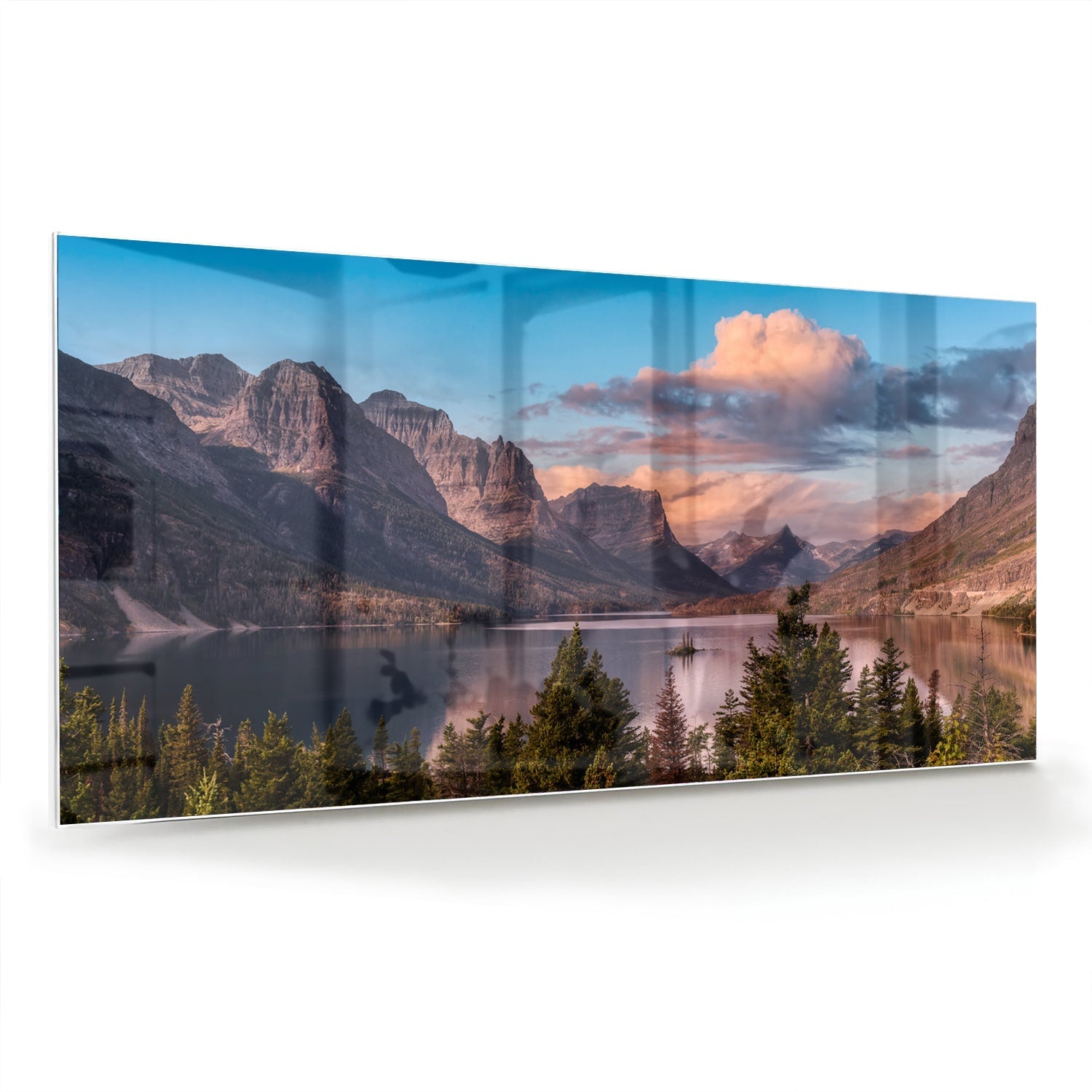 Glasbild mit Bergen bei Sonnenaufgang – Glasbild aus Sicherheitsglas, Größe 70x70_rond