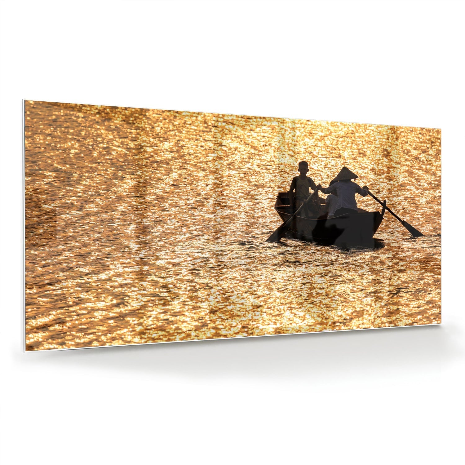 Glasbild mit Ruderboot auf goldenem Wasser – Glasbild aus Sicherheitsglas, Größe 70x70_rond
