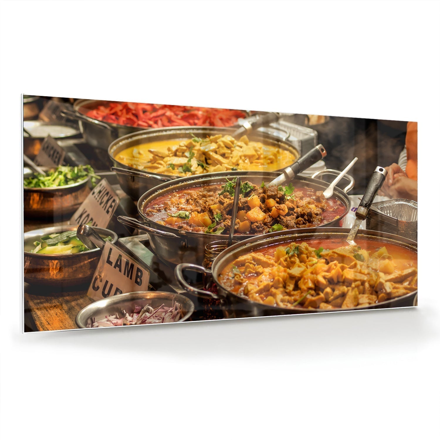 Glasbild farbenfrohes Glas mit Indiaas eten als moderne Glas-Wanddekoration aus 4 mm Sicherheitsglas
