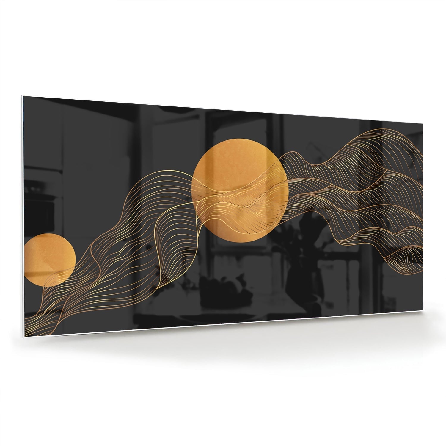 Abstraktes Glasbild mit goldener Sonne und schwarzem Design – Glasbild aus Sicherheitsglas, Größe 70x70_rond