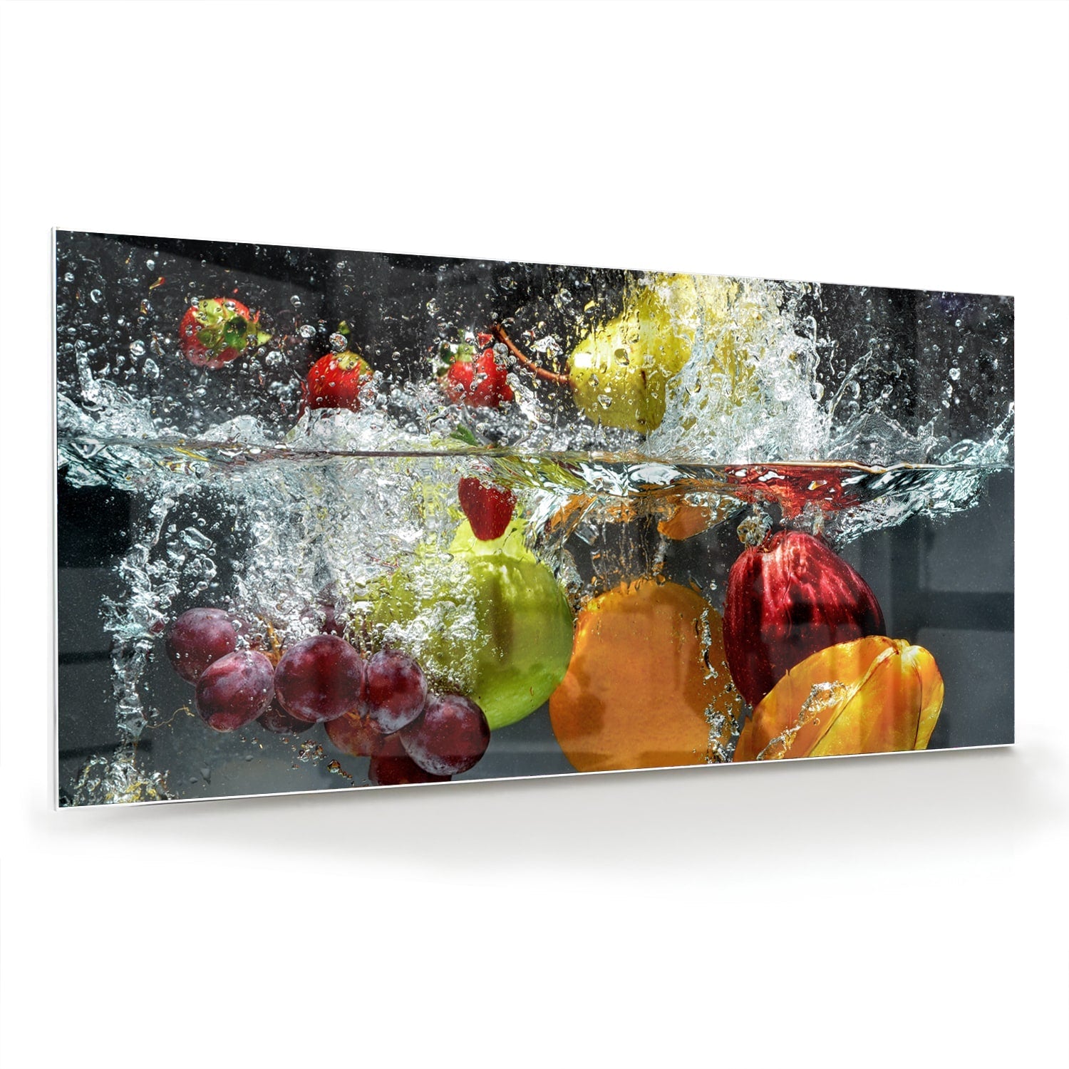 Leuchtendes Glasbild mit Früchten und Wassertropfen – Glasbild aus Sicherheitsglas, Größe 70x70_rond