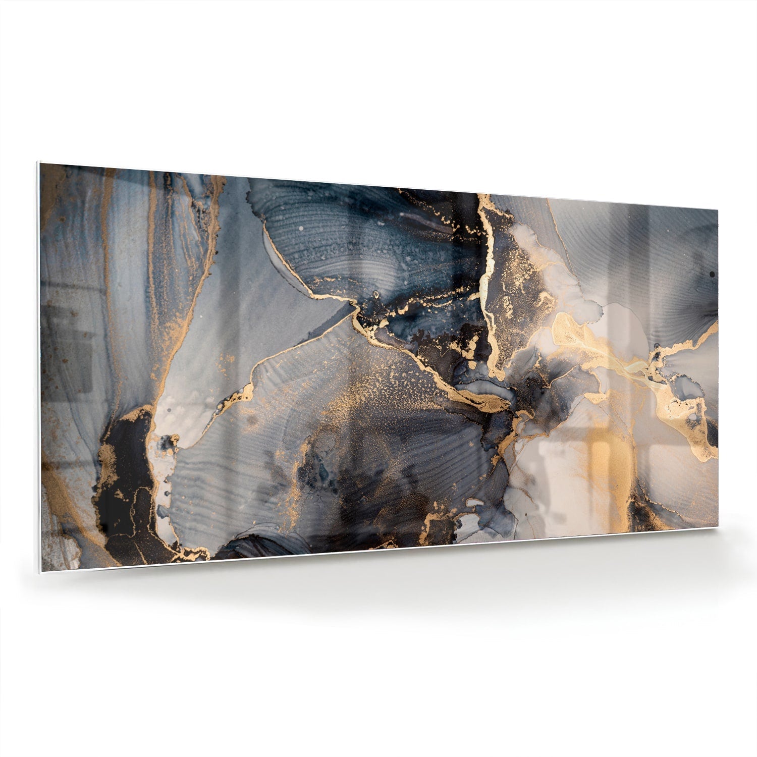Elegantes Glasbild mit Blau und Gold – Glasbild aus Sicherheitsglas, Größe 70x70_rond
