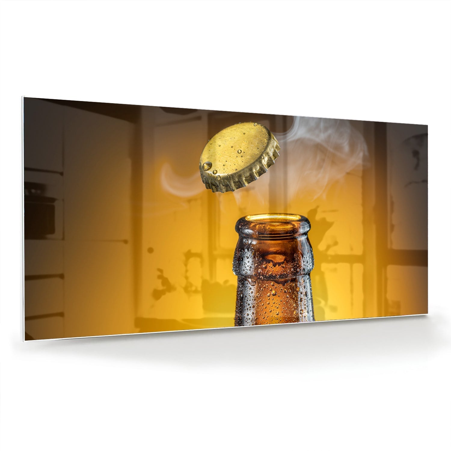 Glasbild mit aufsteigender Flasche und Verschluss – Glasbild aus Sicherheitsglas, Größe 70x70_rond