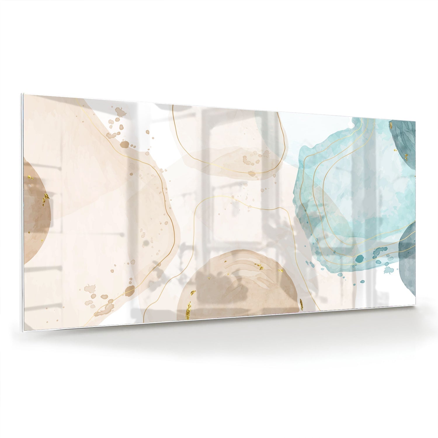 Elegantes Glasbild mit sanftem Aqua und goldenen Farbtönen – Glasbild aus Sicherheitsglas, Größe 70x70_rond