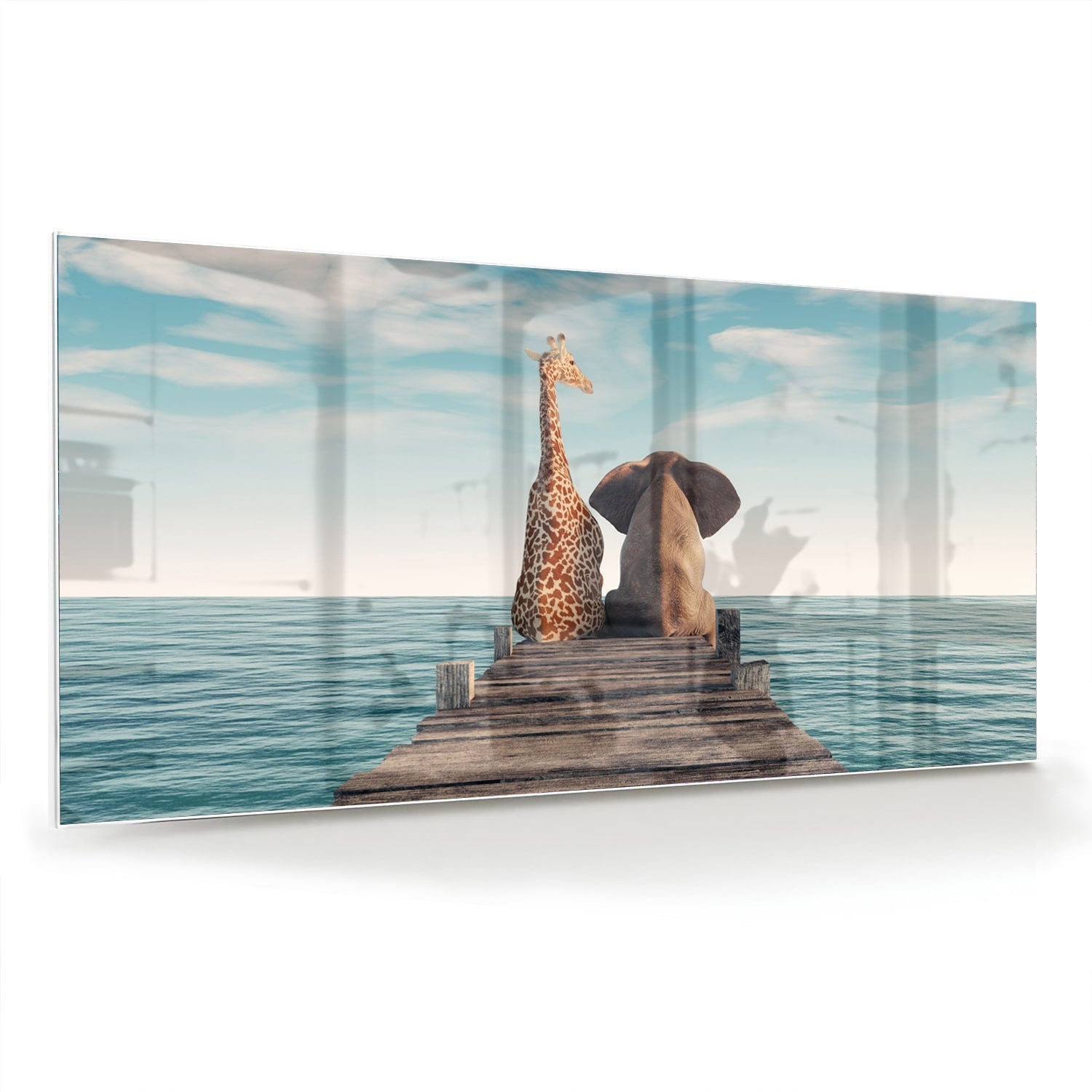 Glasbild mit verspielter Giraffe und Elefant auf einem Holzsteg – Glasbild aus Sicherheitsglas, Größe 70x70_rond