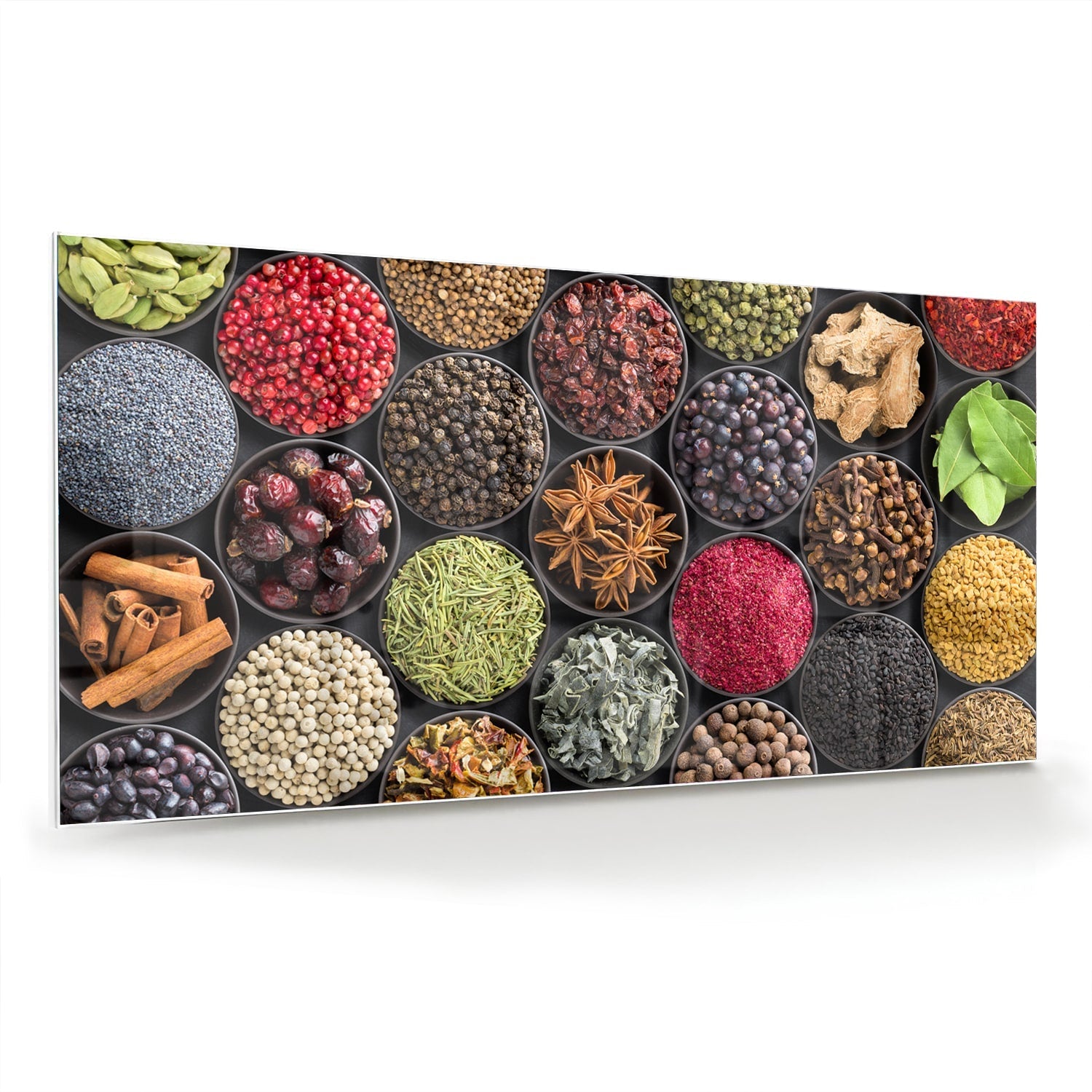 Farbenfrohes Glasbild mit Gewürzen und Kräutern – Glasbild aus Sicherheitsglas, Größe 70x70_rond
