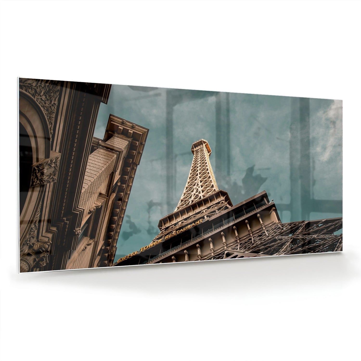 Glasbild mit dem Eiffelturm in luxuriöser Optik – Glasbild aus Sicherheitsglas, Größe 70x70_rond