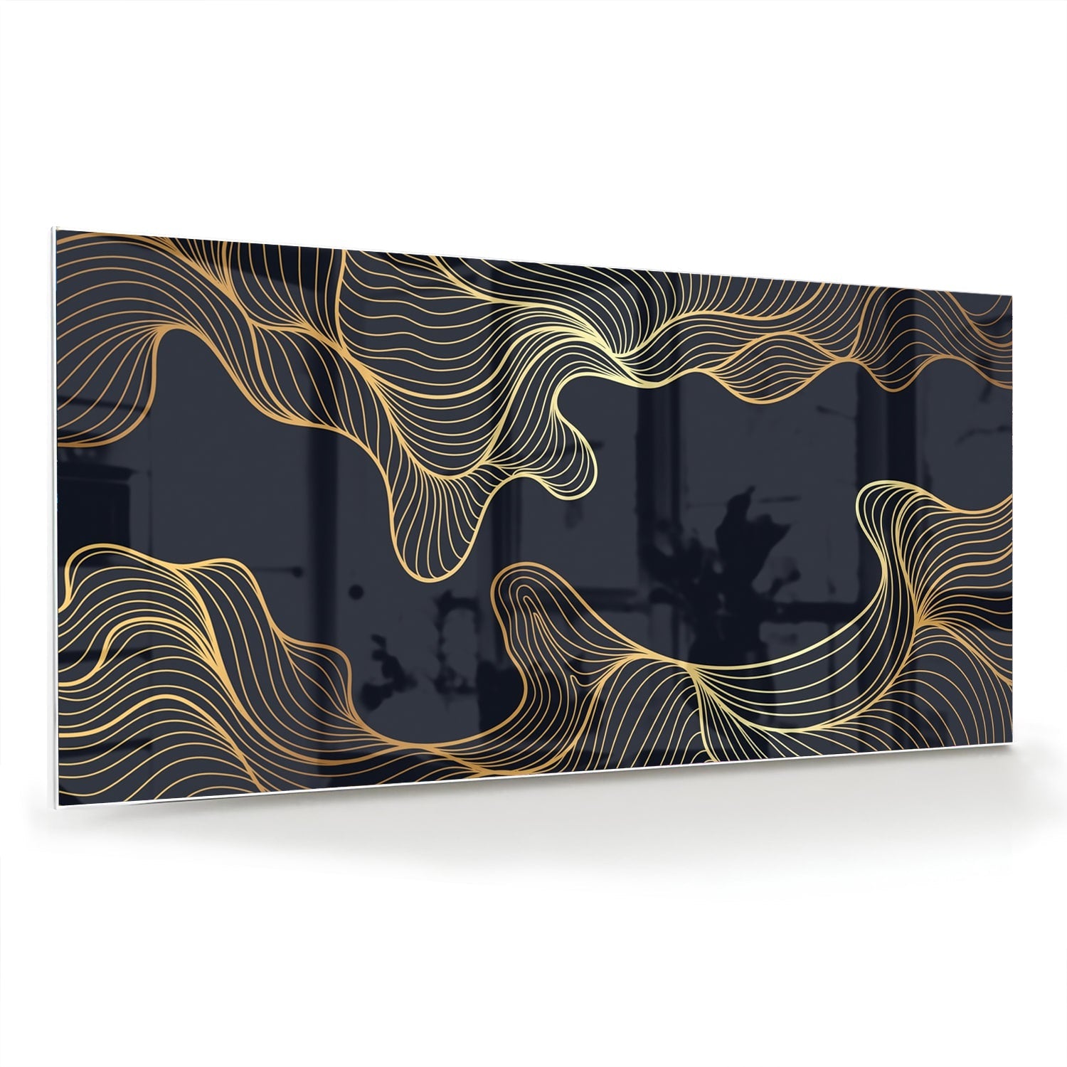 Elegantes Glasbild mit goldenen Linien auf dunkelblauem Hintergrund – Glasbild aus Sicherheitsglas, Größe 70x70_rond