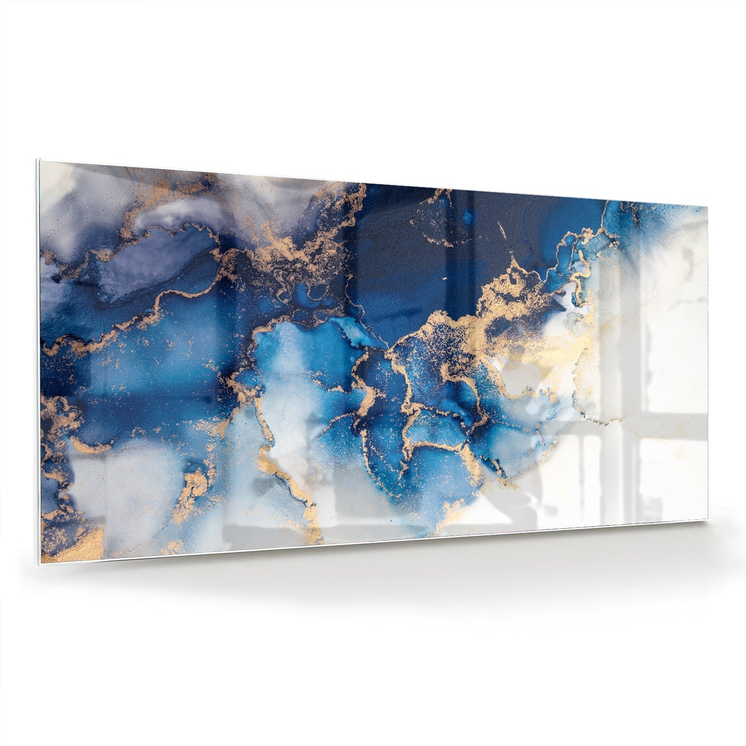 Mehrschichtiges Glasbild in Blau und Gold – Glasbild aus Sicherheitsglas, Größe 70x70_rond