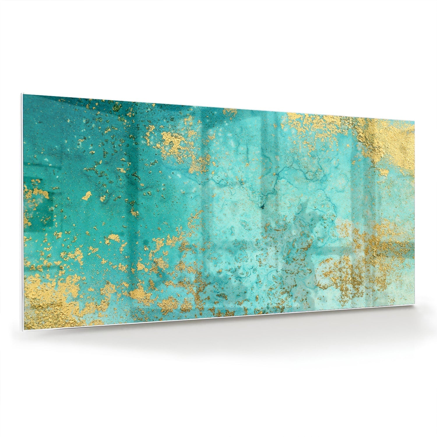 Glasbild mit goldenen Akzenten auf Türkis – Glasbild aus Sicherheitsglas, Größe 70x70_rond