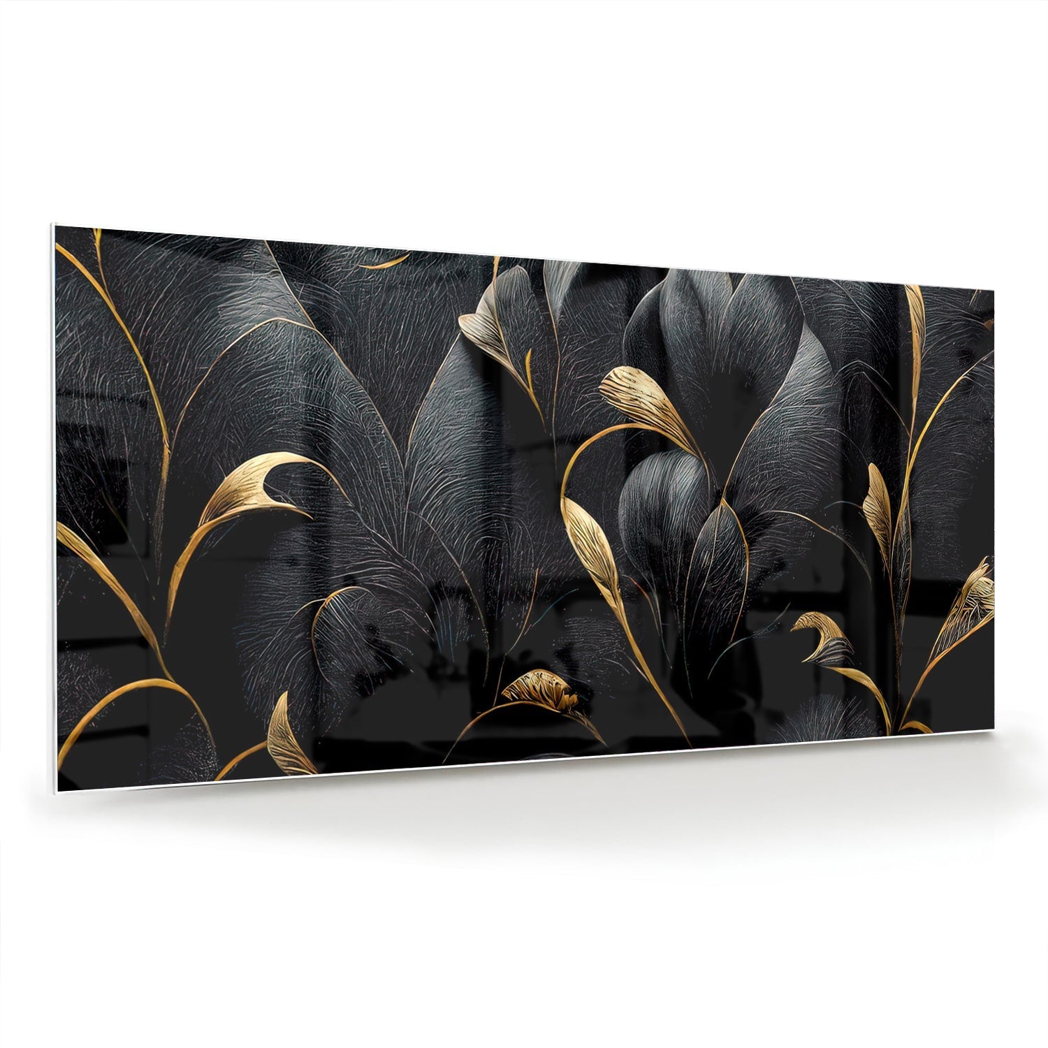 Elegantes Glasbild mit goldenen Blättern – Glasbild aus Sicherheitsglas, Größe 70x70_rond