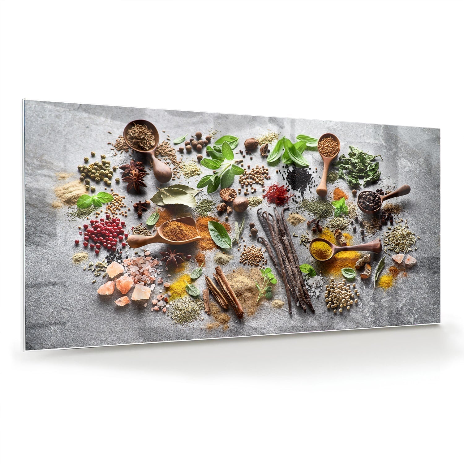 Farbenfrohes Glasbild mit Kräutern und Gewürzen – Glasbild aus Sicherheitsglas, Größe 70x70_rond