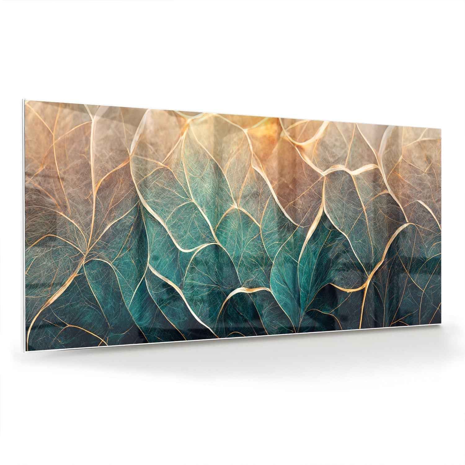 Glasbild mit Blättern und goldenen Linien – Glasbild aus Sicherheitsglas, Größe 70x70_rond