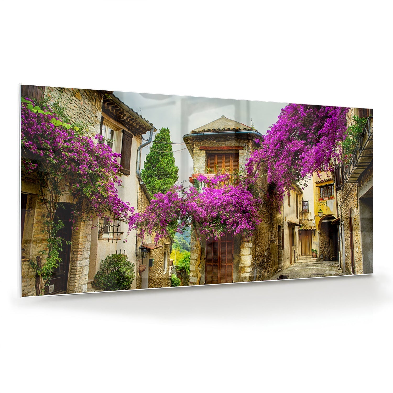 Glasbild mit stimmungsvoller Straßenansicht und violetten Blüten – Glasbild aus Sicherheitsglas, Größe 70x70_rond